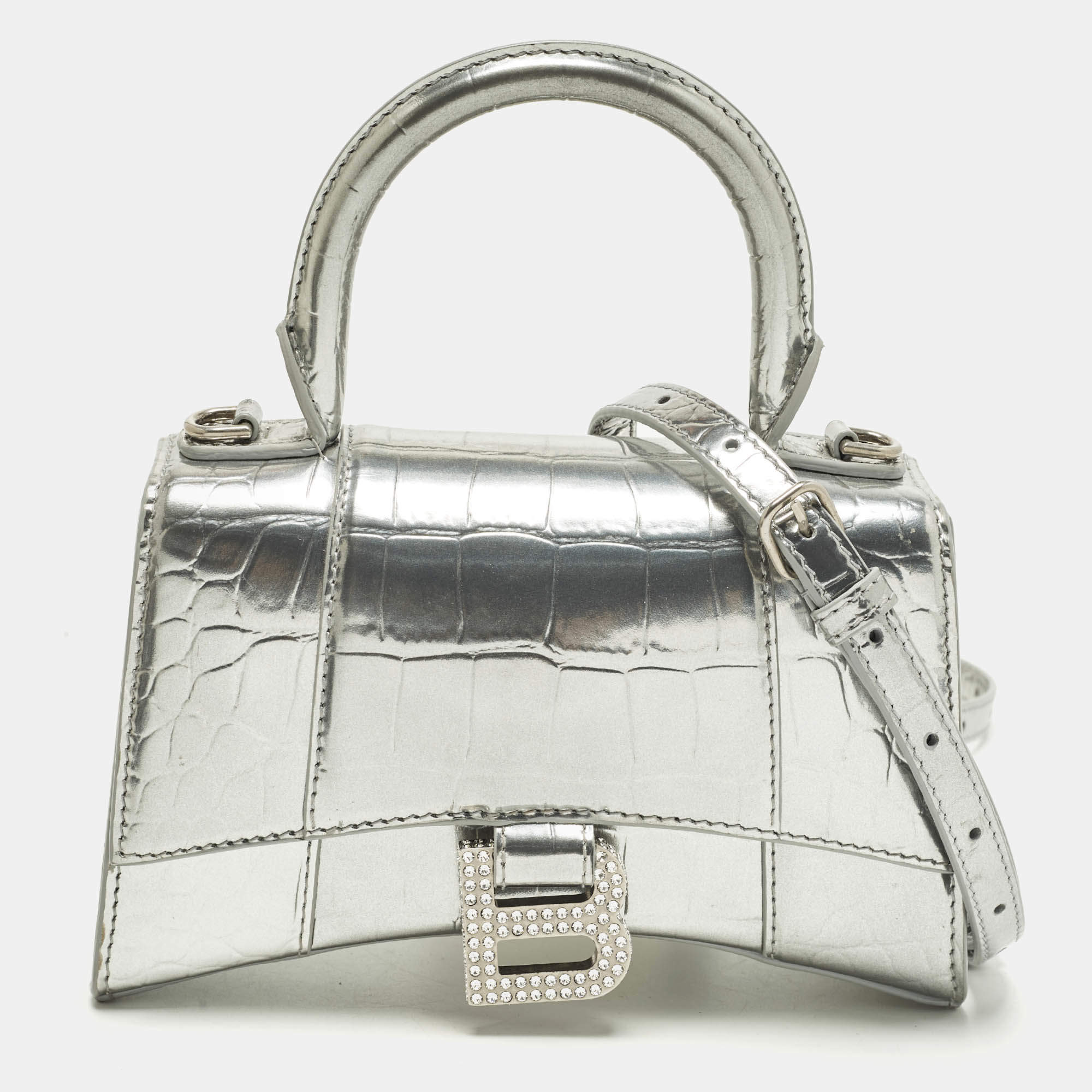 مملوكة مسبقًا Balenciaga Hourglass XS Silver Croc Embossed Leather Top Handle Bag