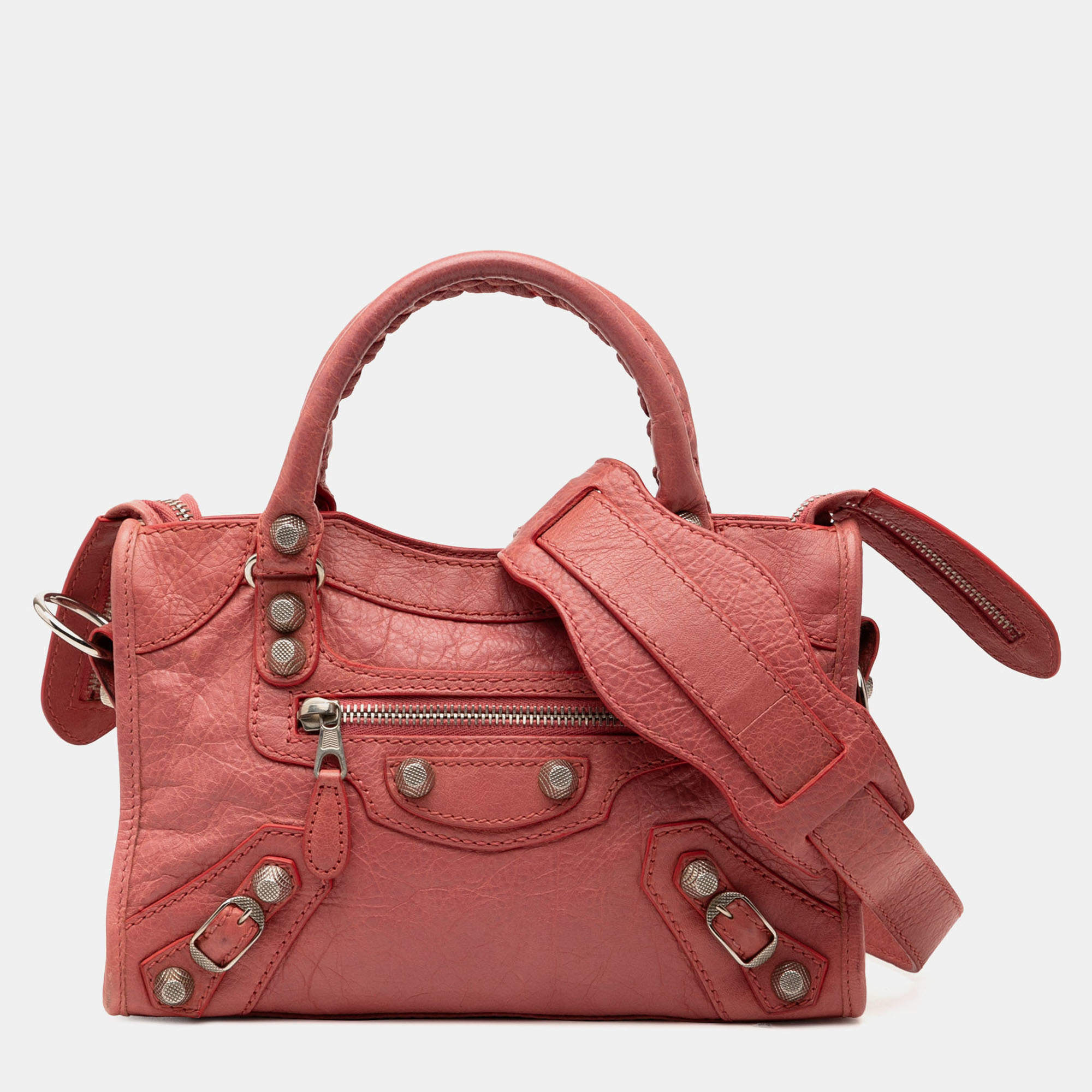 Pre Owned Balenciaga Red Mini Lambskin Motocross Giant 21 City Satchel