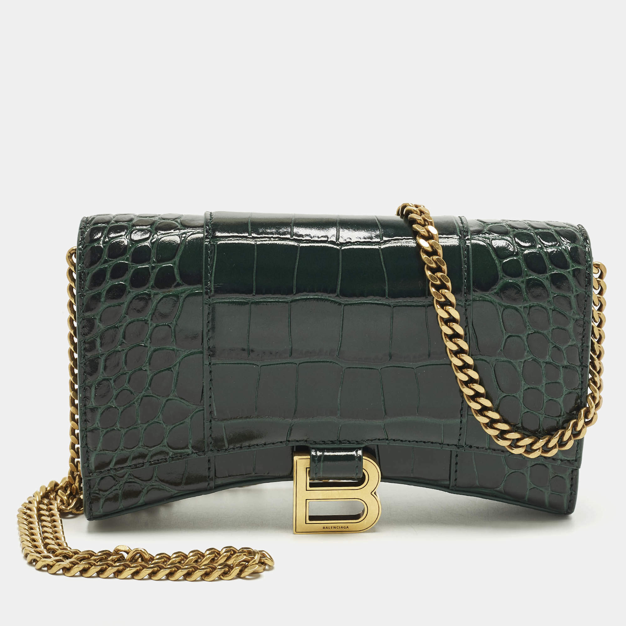 مملوكة مسبقًا Balenciaga Hourglass Green Croc Embossed Leather Wallet On Chain