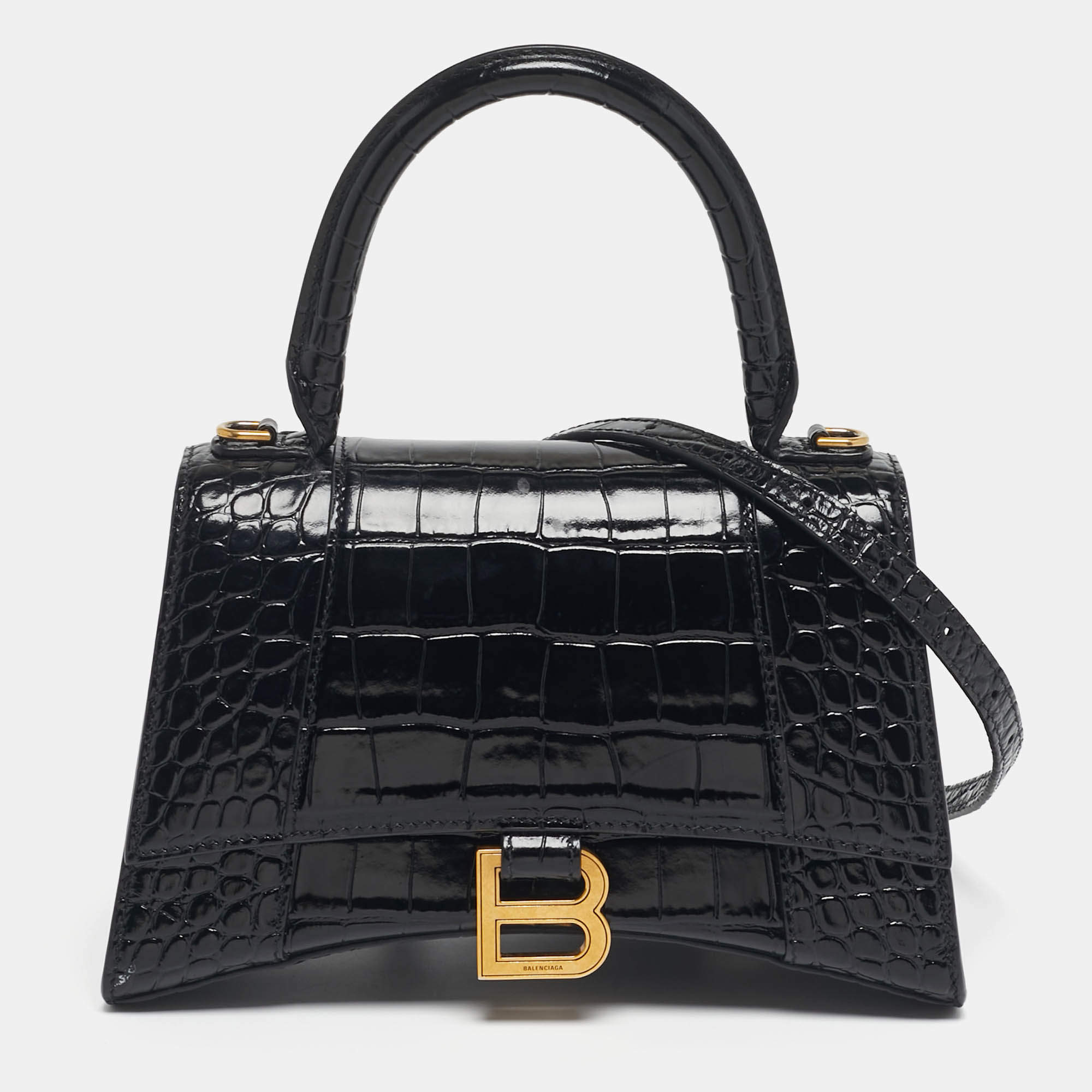 Pre Owned Balenciaga Hourglass Small Black Croc Embossed Leather Top Handle Bag