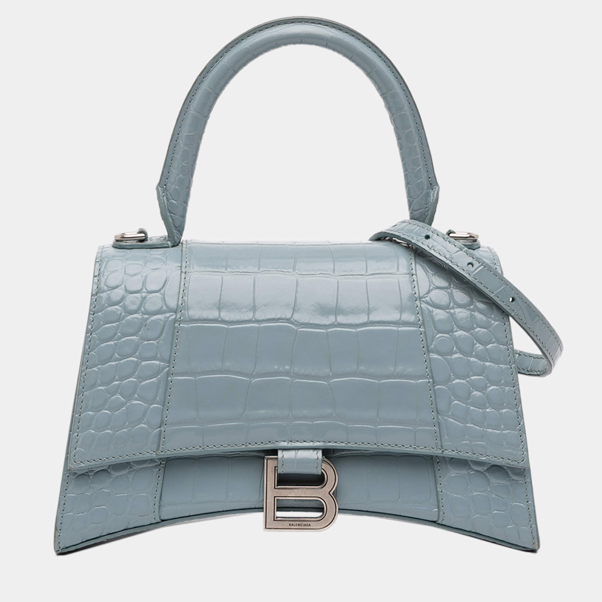 Pre Owned Balenciaga Blue Small Croc Embossed Hourglass Top Handle Bag
