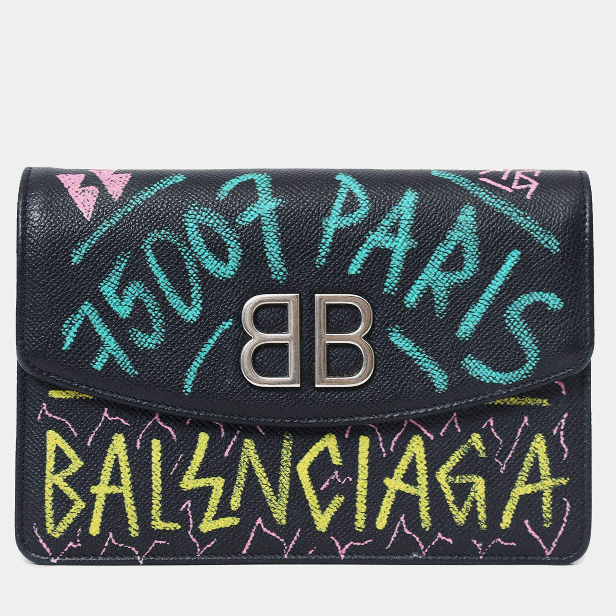 Pre Owned Balenciaga Black Leather Graffiti Crossbody Bag