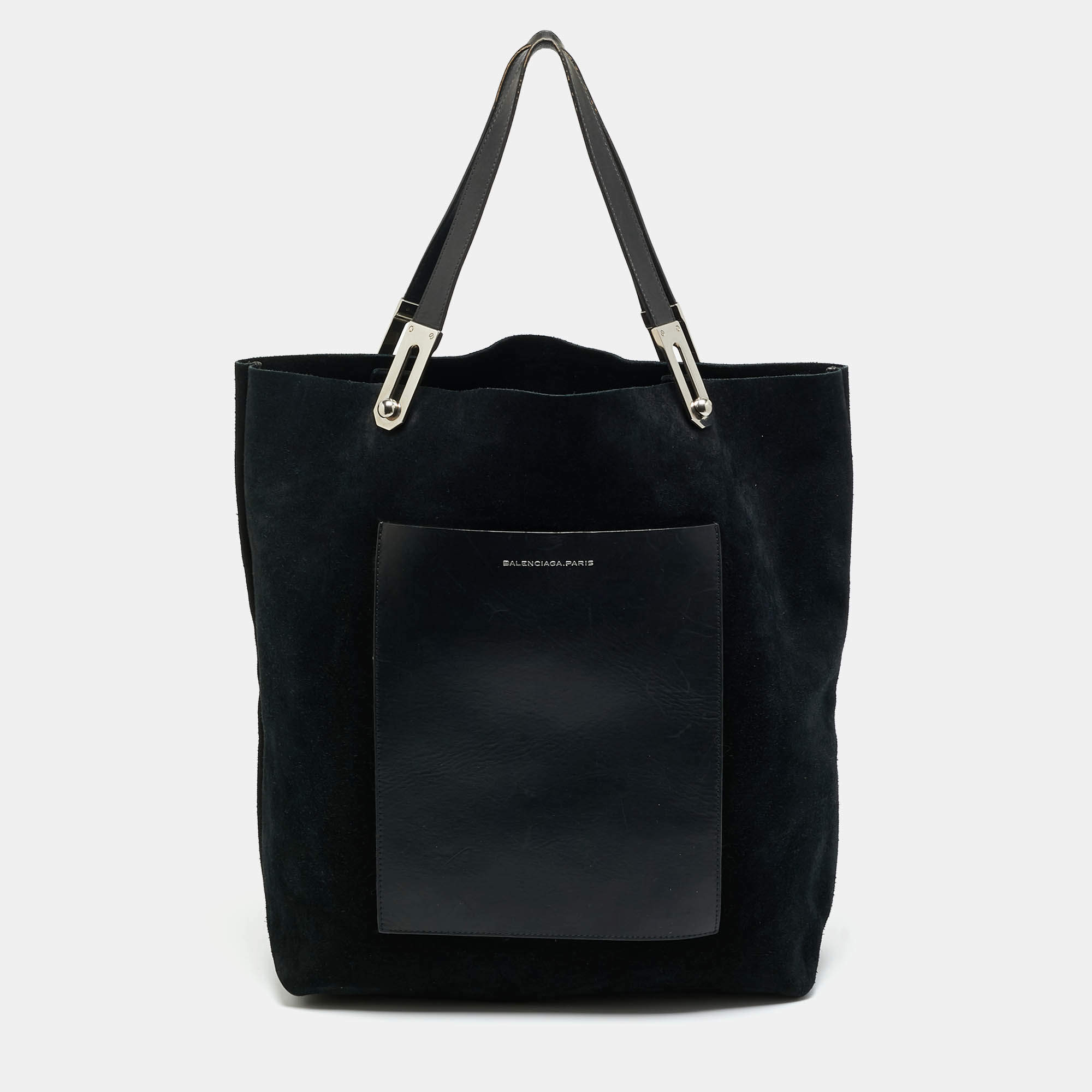 Pre Owned Balenciaga Pocket Black Leather and Suede Tote 