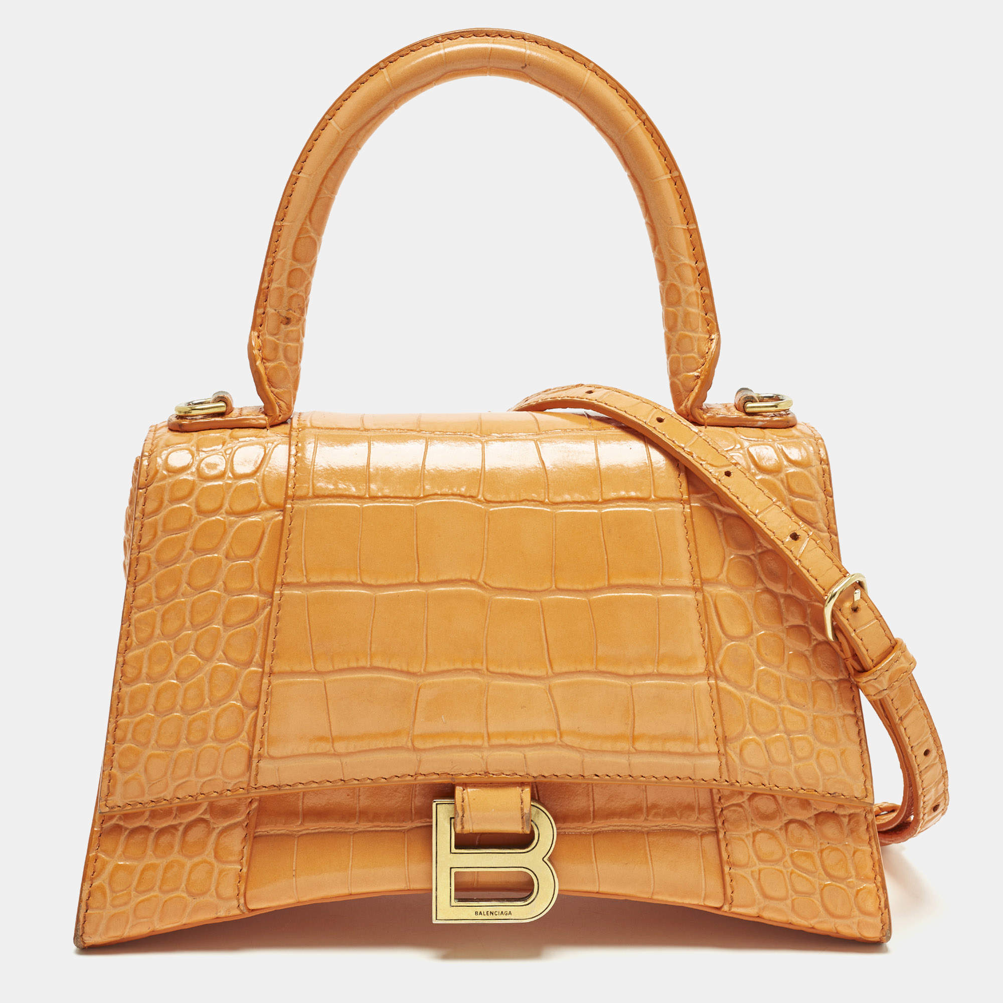 مملوكة مسبقًا Balenciaga Hourglass  Small Croc Embossed LeatherTop Handle Bag