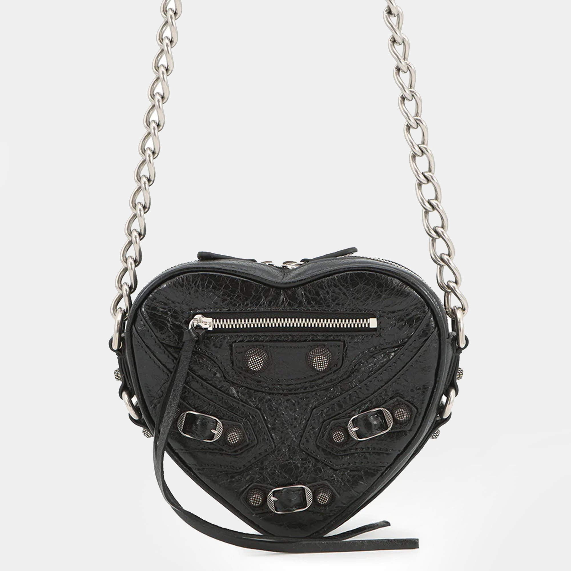 Pre Owned Balenciaga Lucagol Heart Chain shoulder Bag Black Leather