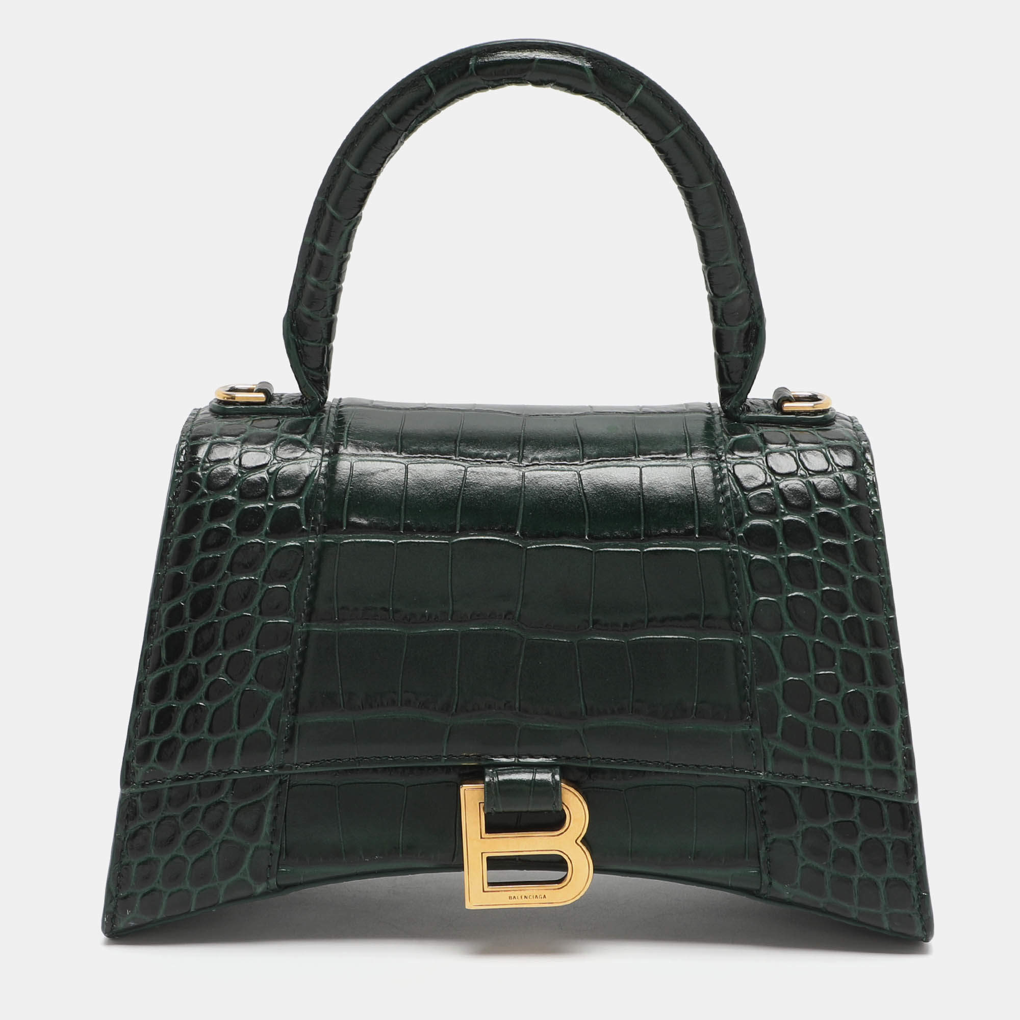 Pre Owned Balenciaga Hourglass Small Green Croc Embossed Leather Top Handle Bags