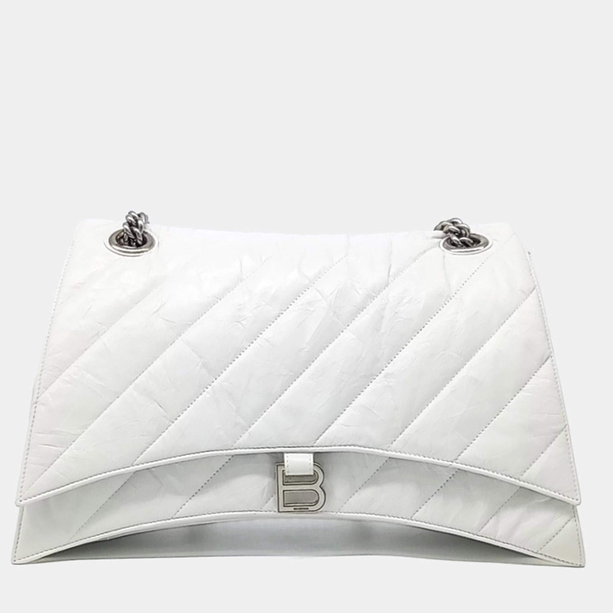 Pre Owned Balenciaga White Leather Crush Chain Bag Large