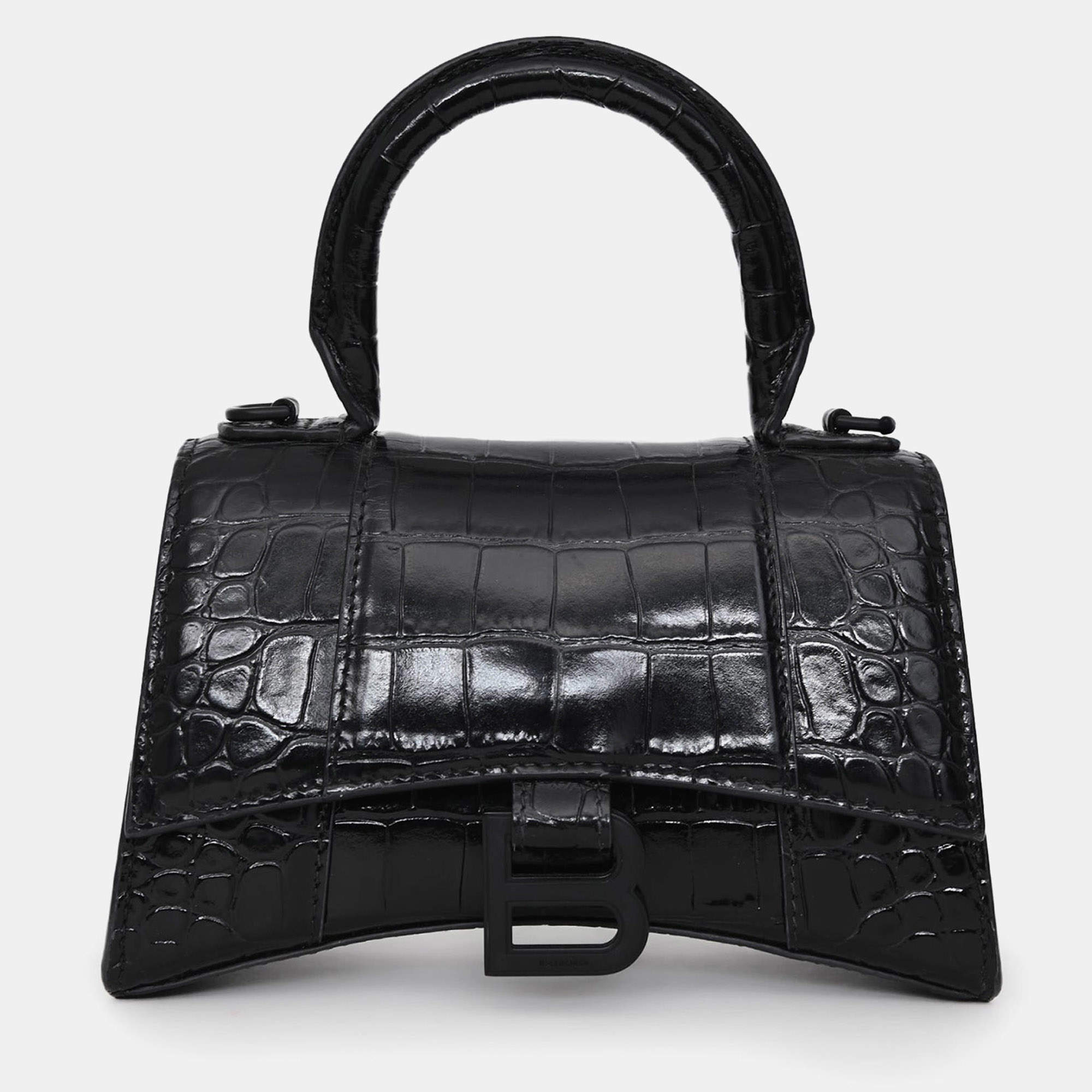Pre Owned Balenciaga Black Croc Embossed XS Hourglass Top Handle Bag with Strap