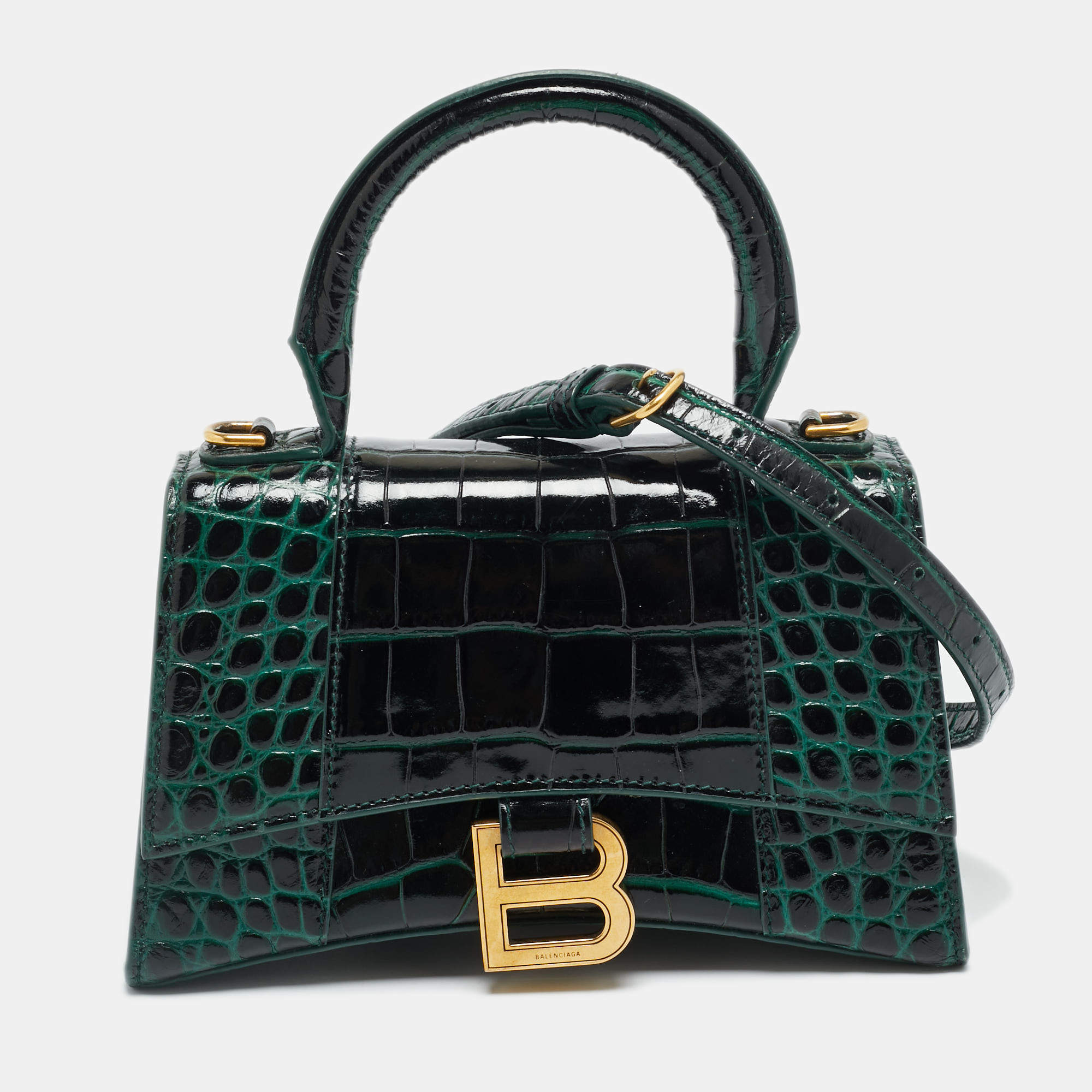 Pre Owned Balenciaga Hourglass XS Dark Green Croc Embossed Leather Top Handle Bag
