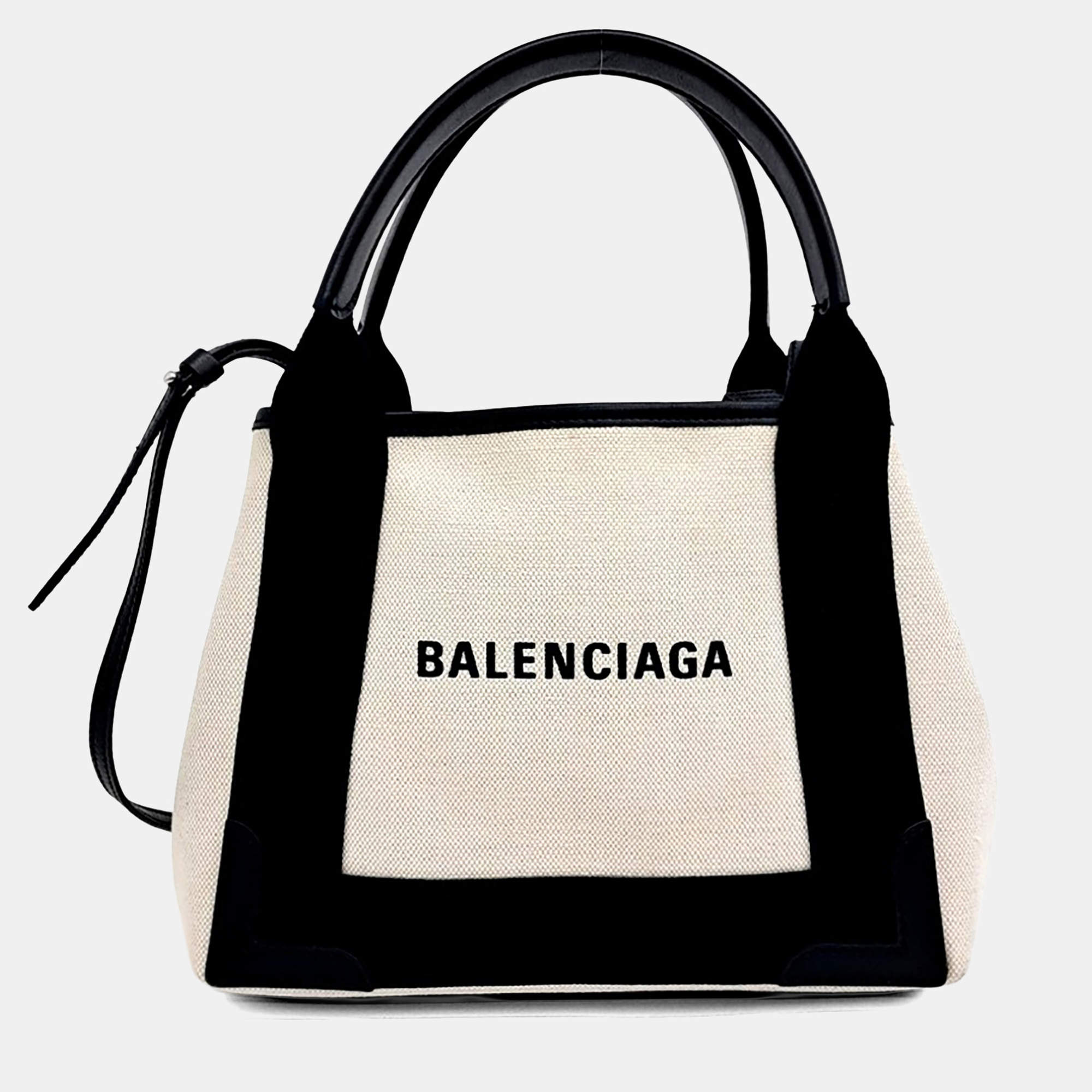 Pre Owned Balenciaga Black Cream Fabric Cabas Bag XS (390346)