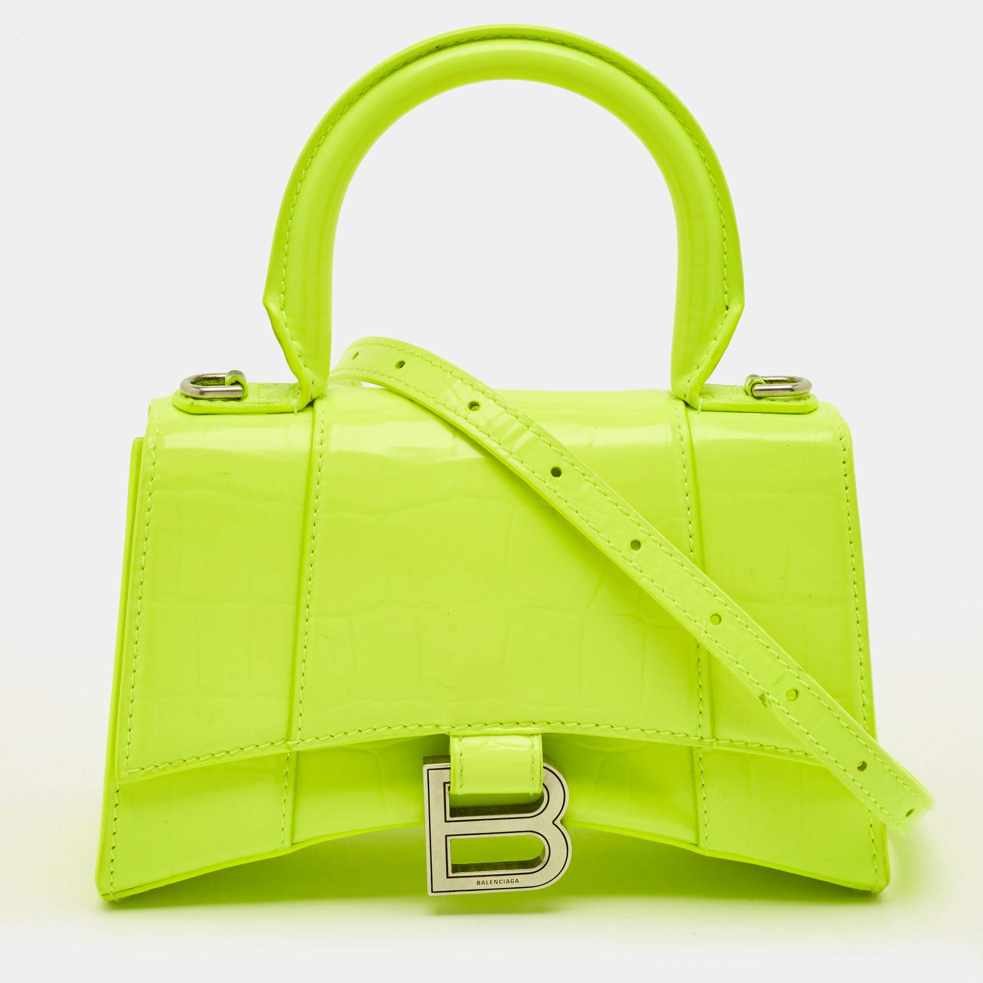 Pre Owned Balenciaga Hourglass XS Fluorescent Yellow Croc Embossed Leather Top Handle Bag