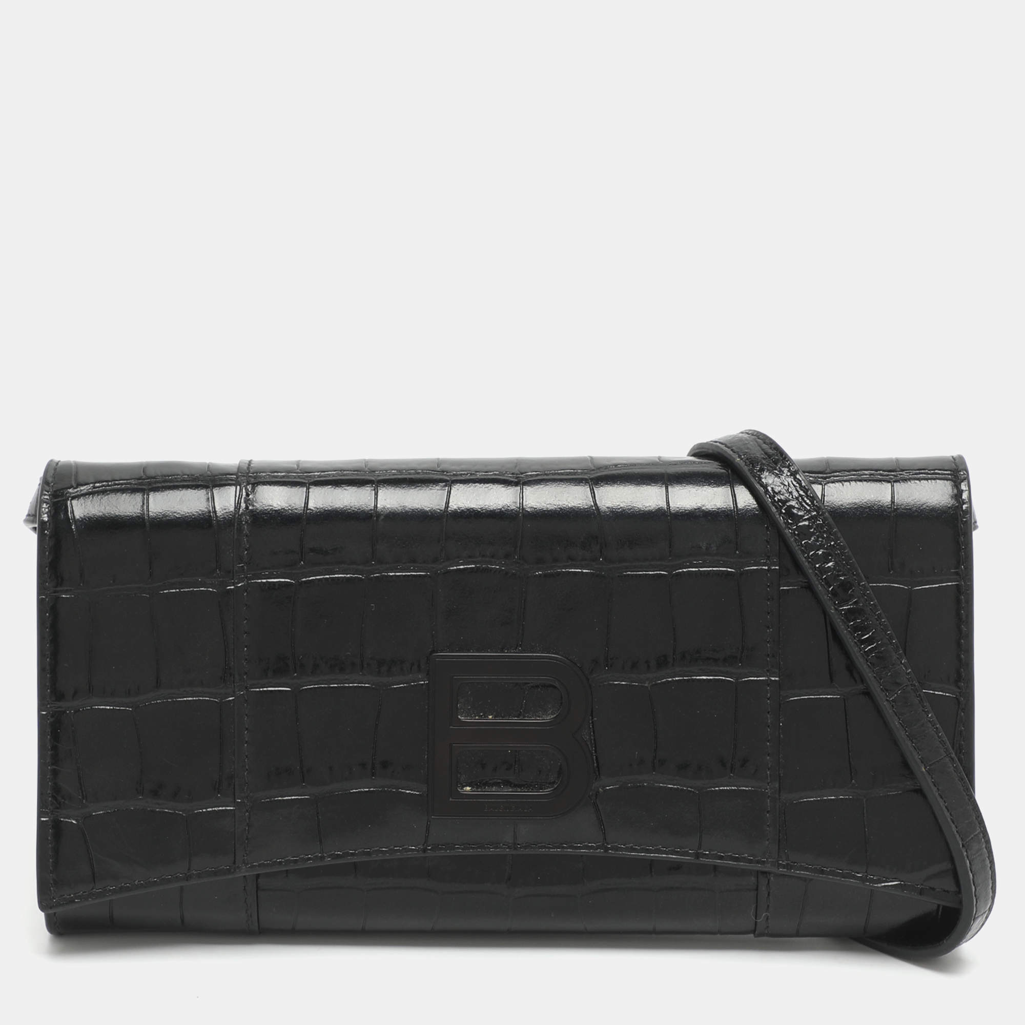 Pre Owned Balenciaga Hourglass Black Croc Embossed Leather Clutch Bag