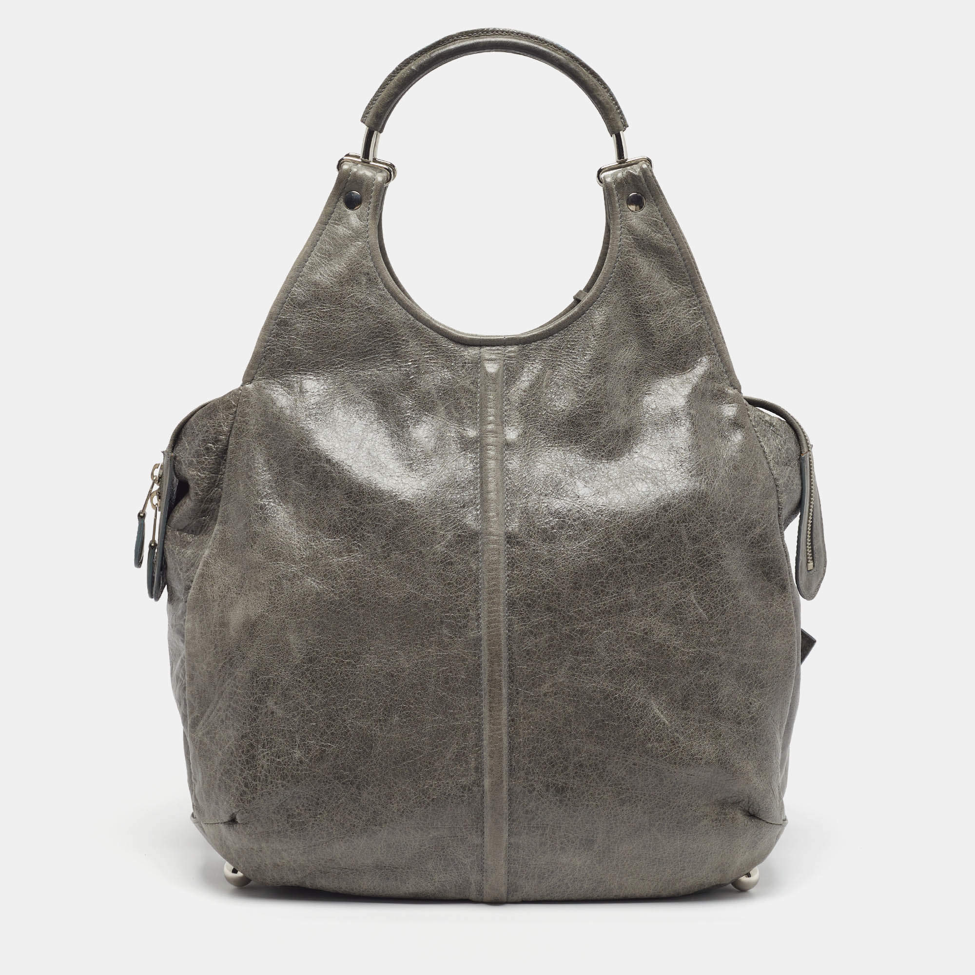 Pre Owned Balenciaga Ring Handle Grey Leather Hobo
