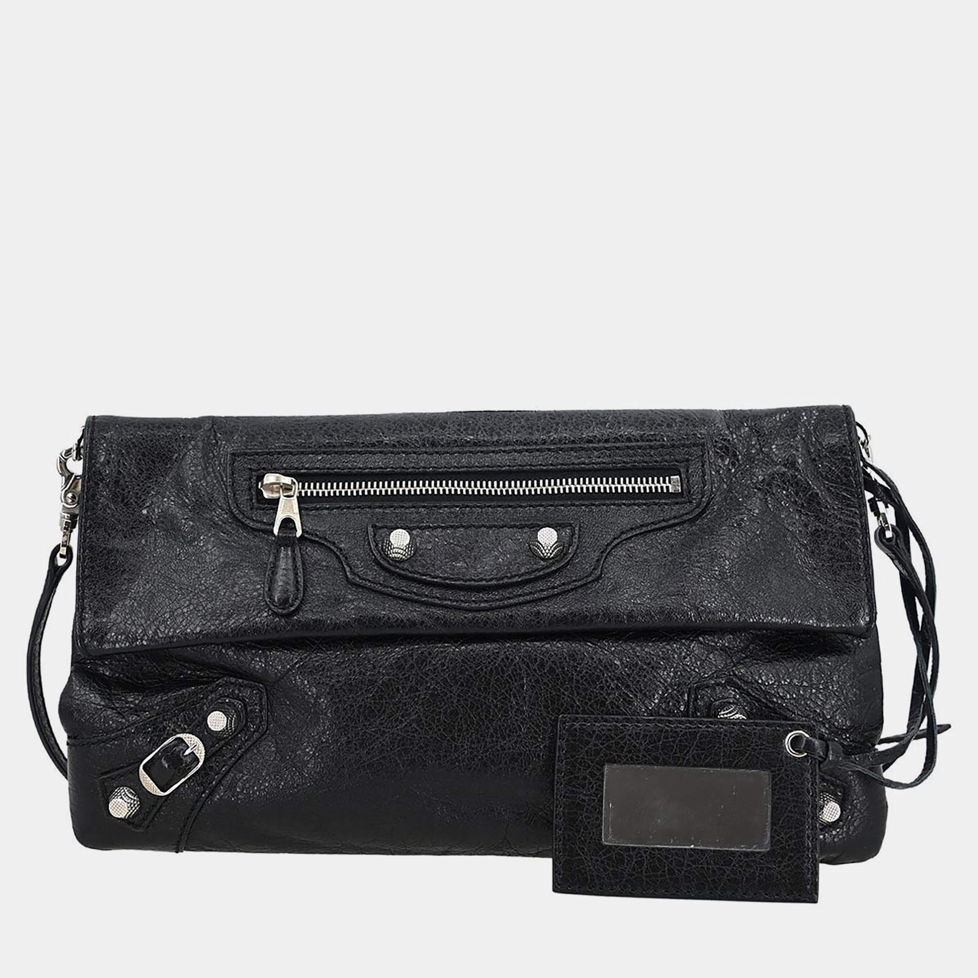 Pre Owned Balenciaga Black Leather Envelope Shoulder Bag