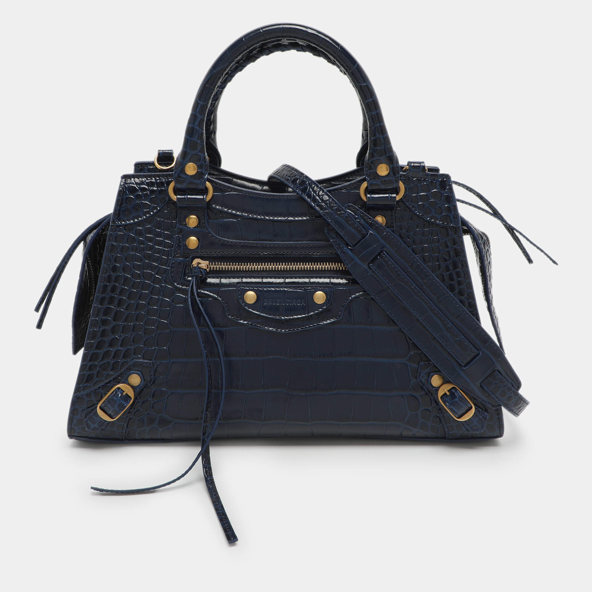 Pre Owned حقيبة بالنسياقا نيو كلاسيك جلد تمساح منقوش أزرق صغيرة بحمالة يد