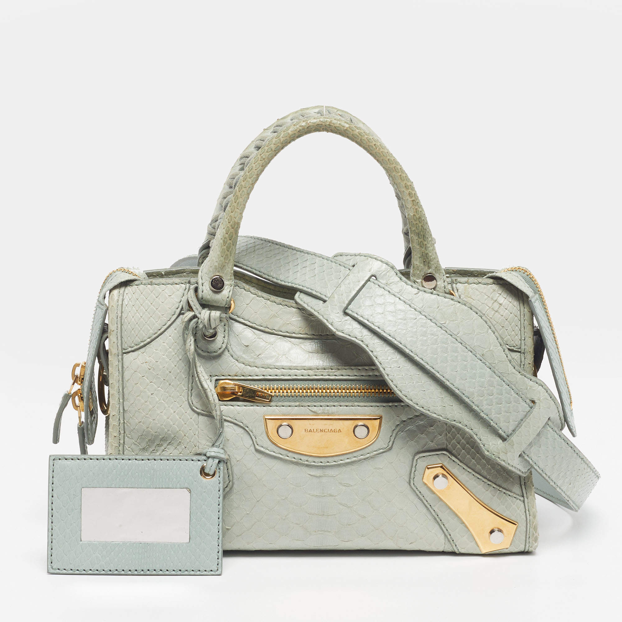 مملوكة مسبقًا Balenciaga Classic City Metal Plate Mini Green Python Tote