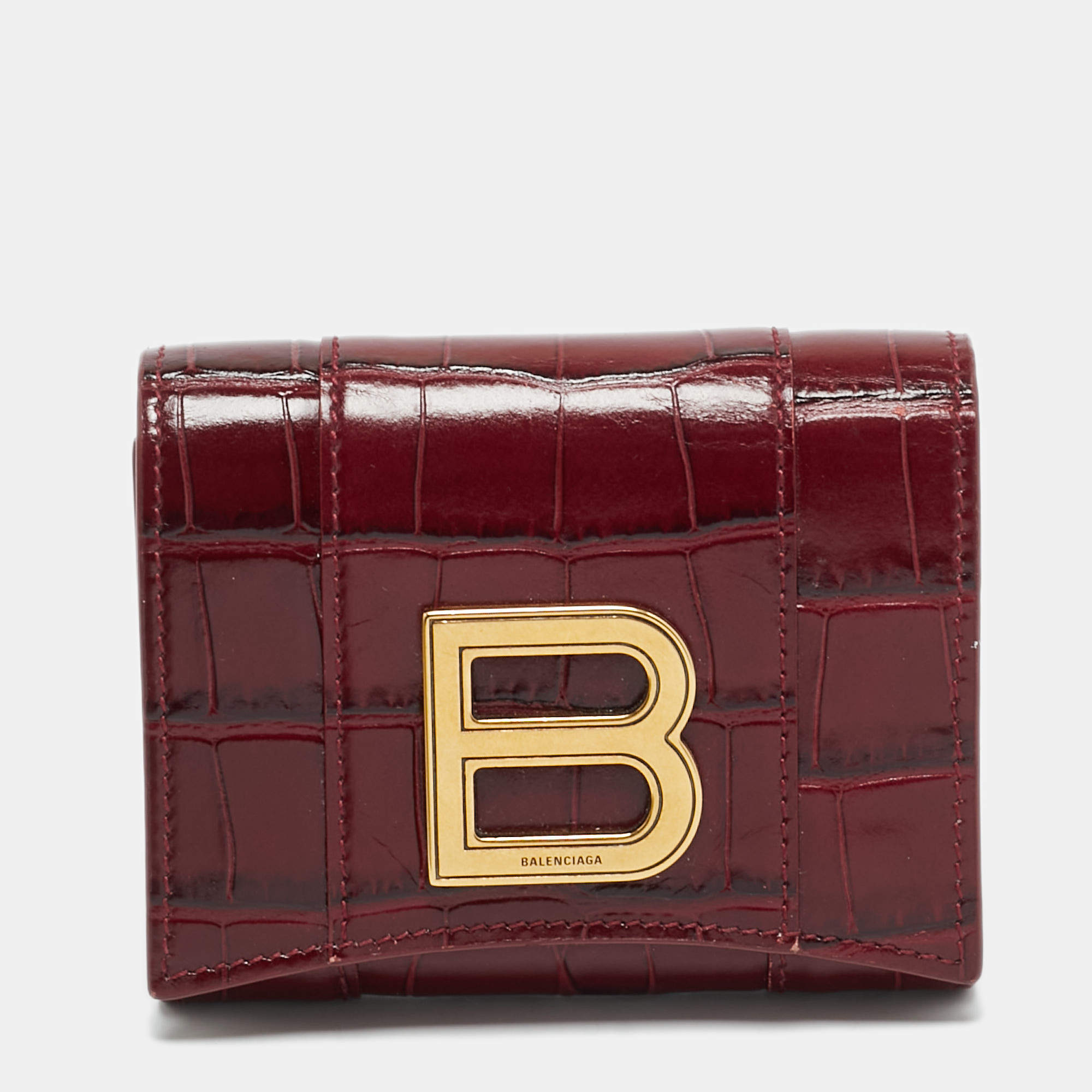 Pre Owned Balenciaga Hourglass Burgundy Croc Embossed Leather Trifold Wallet