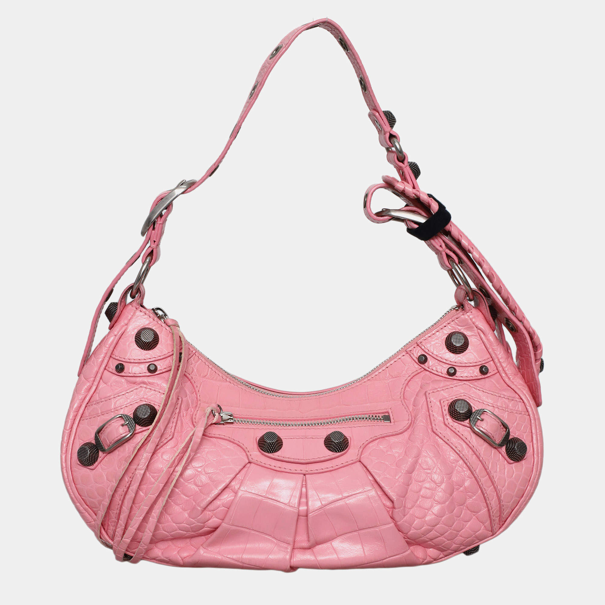 Pre Owned Balenciaga Small Pink Croc Embossed Leather Le Cagole Shoulder Bag