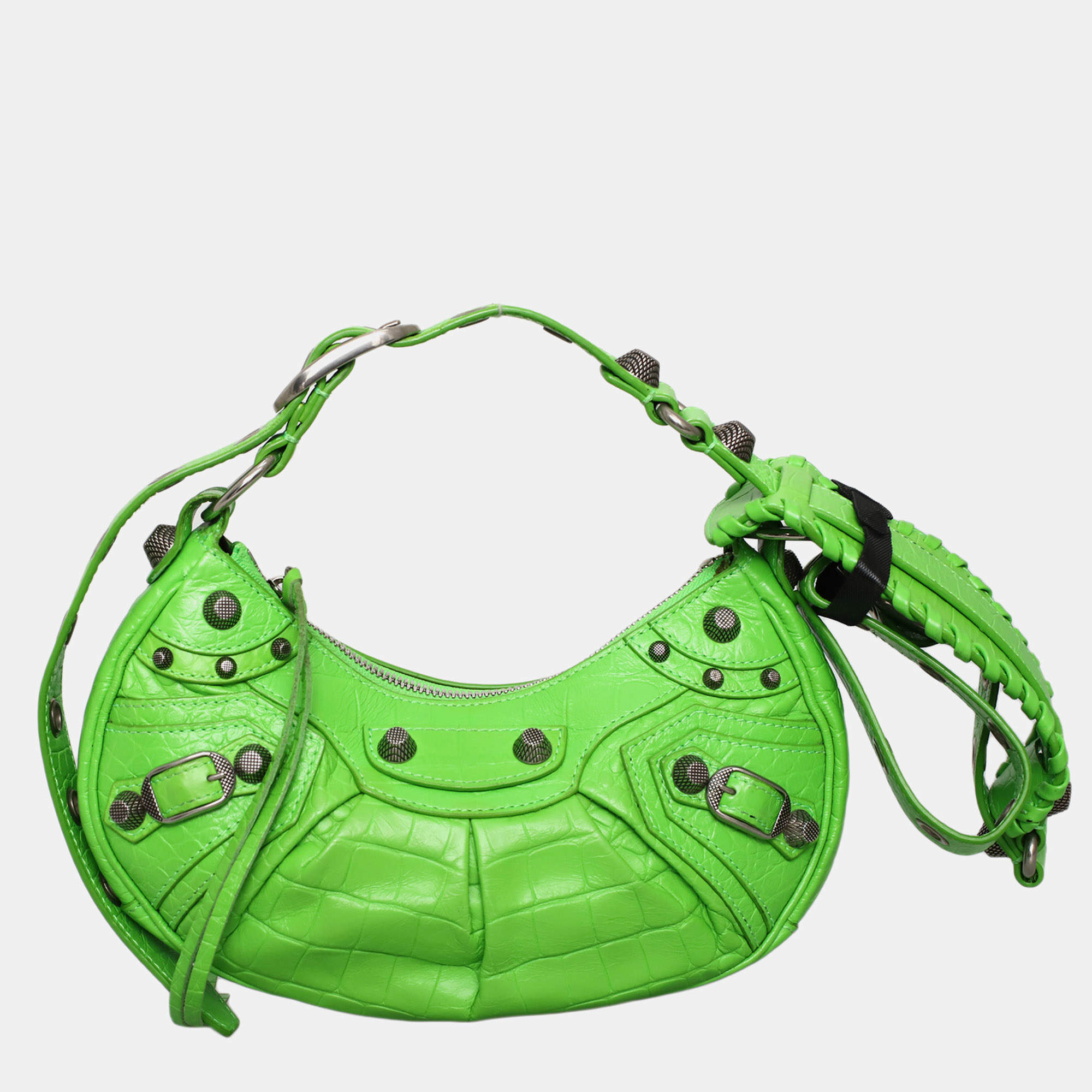 Pre Owned Balenciaga Le Cagole Green Croc Embossed Leather XS Shoulder Bag