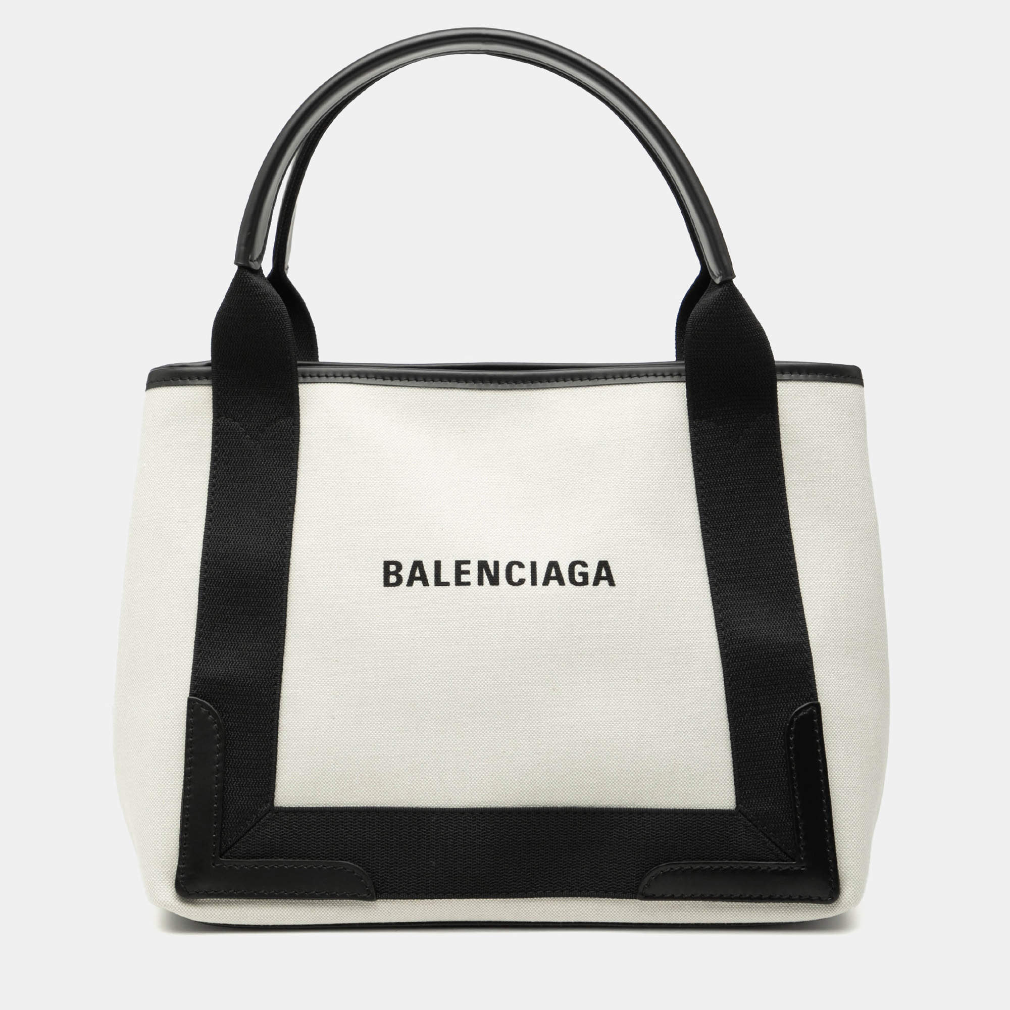 Pre Owned Balenciaga Black White Canvas Navy Cabas Tote S
