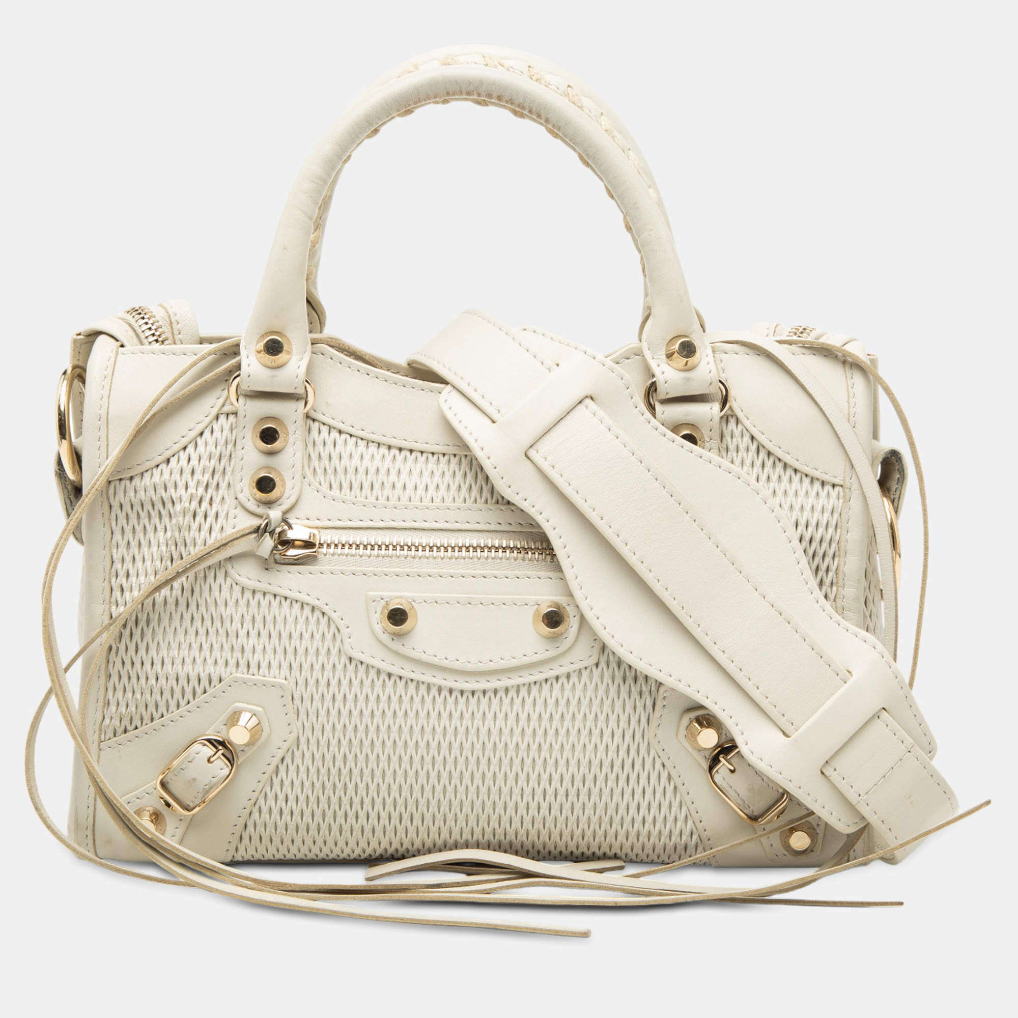 مملوكة مسبقًا Balenciaga White Mini Perforated Leather Motocross Classic City Satchel