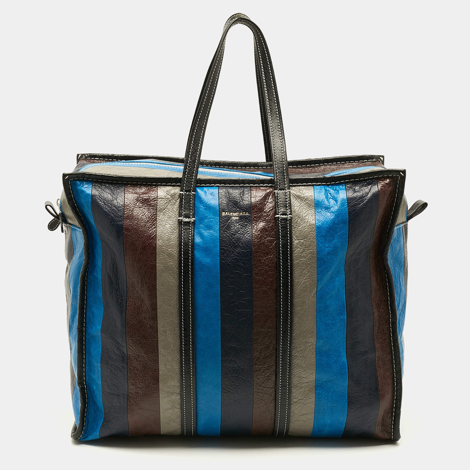 Pre Owned Balenciaga Bazar Large Multicolor Striped Leather Shopper Tote