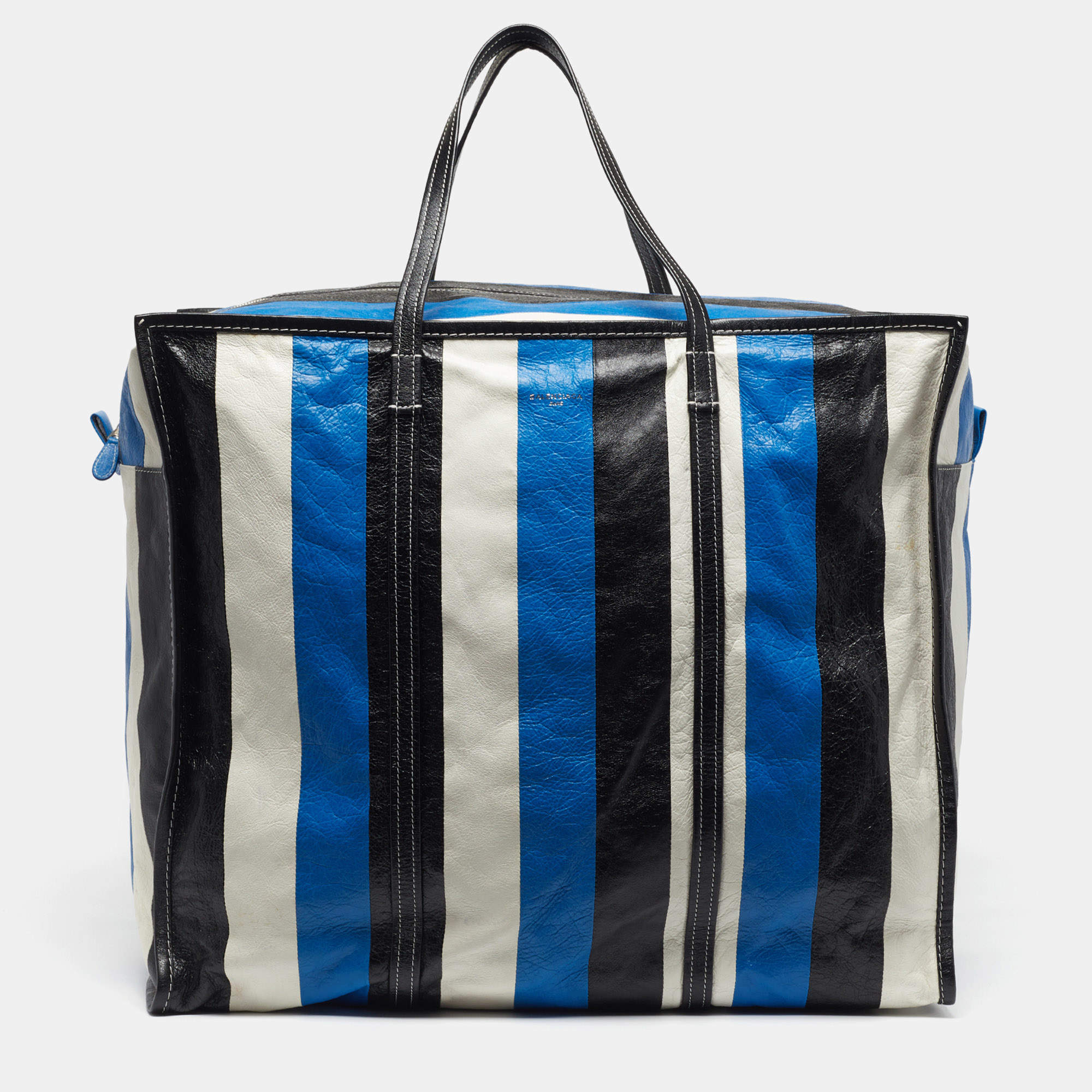 Pre Owned Balenciaga Bazar XL Tricolor Striped Leather Shopper Tote