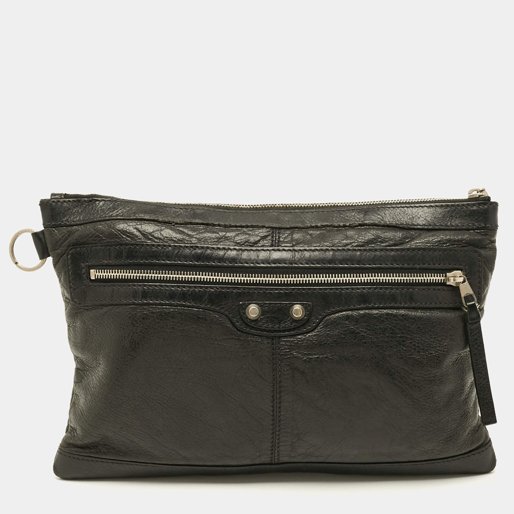 Pre Owned Balenciaga Clip M Classic Hardware Black Leather Clutch