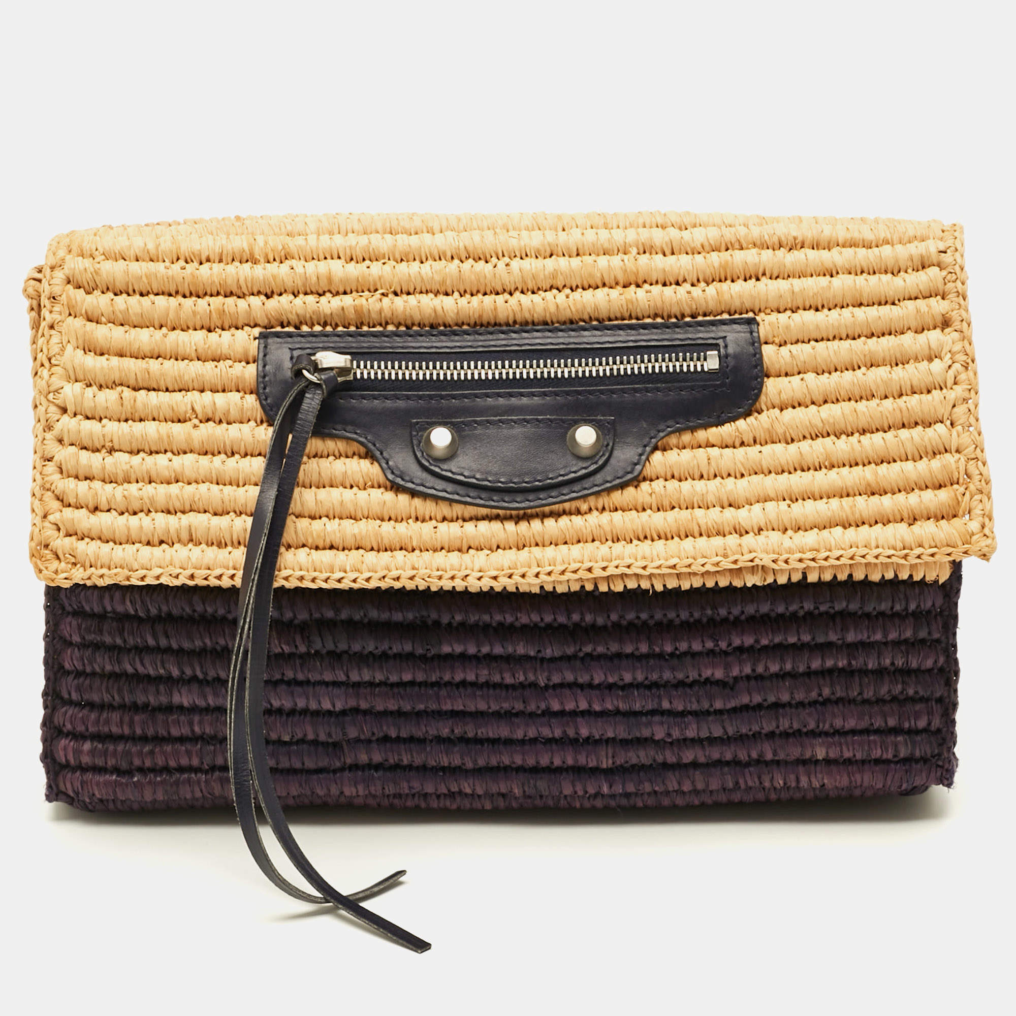 Pre Owned Balenciaga Giant 12 Silver Hardware Beige/Navy Blue Raffia Flap Clutch