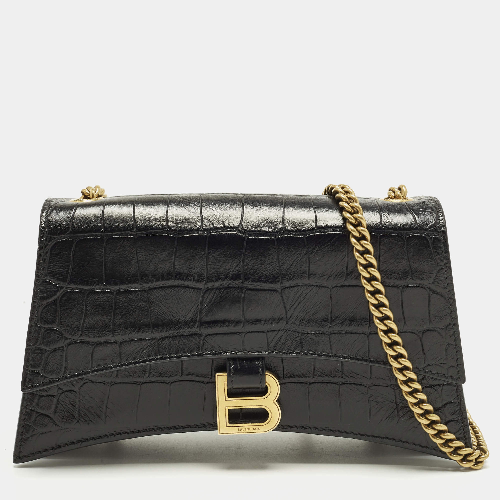 مملوكة مسبقًا Balenciaga Hourglass Black Croc Embossed Leather Wallet on Chain