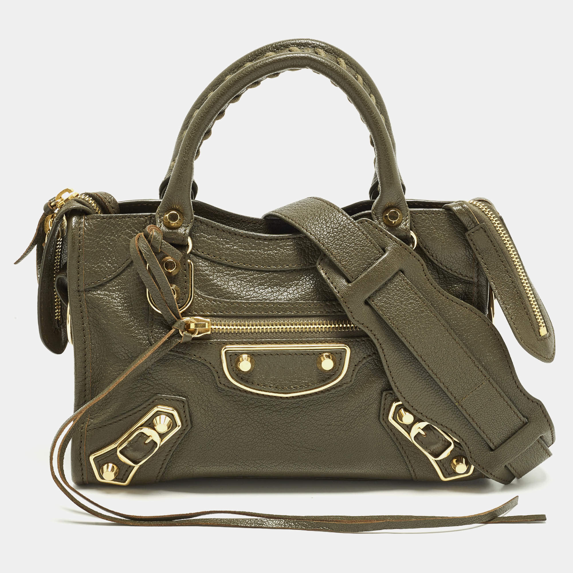 Pre Owned Balenciaga Metallic Edge City Mini Dark Green Leather Tote