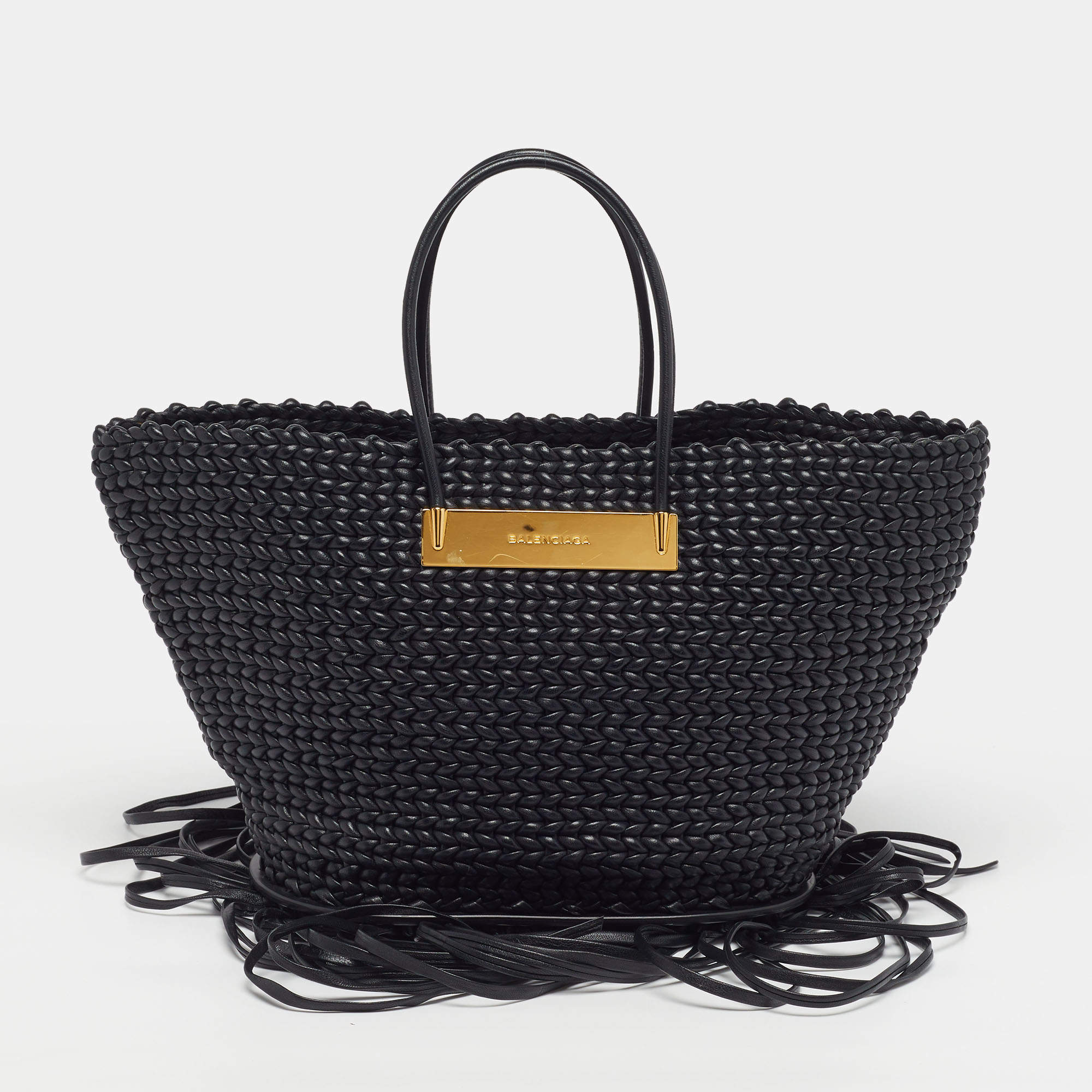 Pre Owned حقيبة يد بالنسياغا بلاك جلد مضفر بشراشيب تسوق