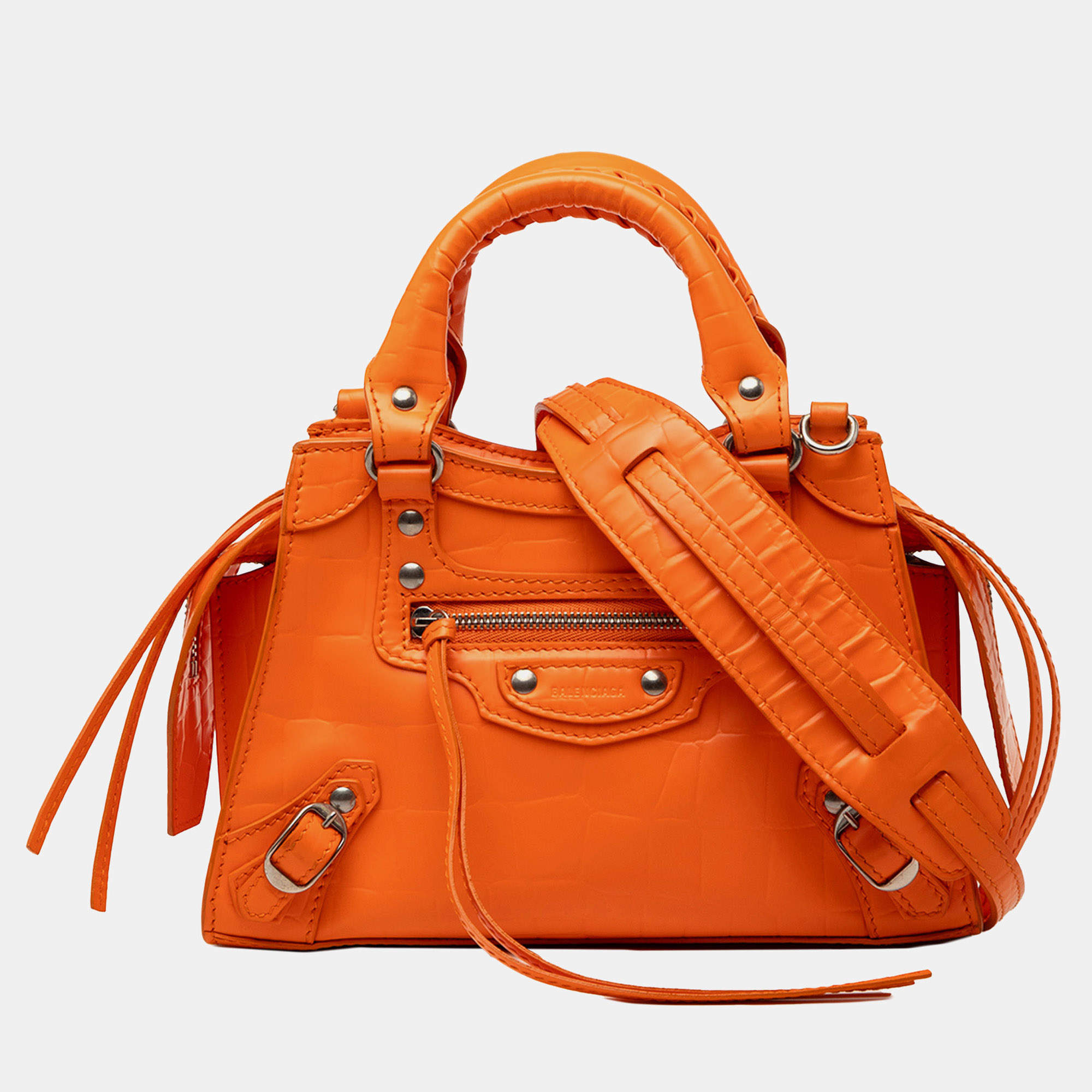 مملوكة مسبقًا حقيبة بالنسياغا نيو كلاسيك سيتي صغيرة جلد عجل منقوش برتقالي