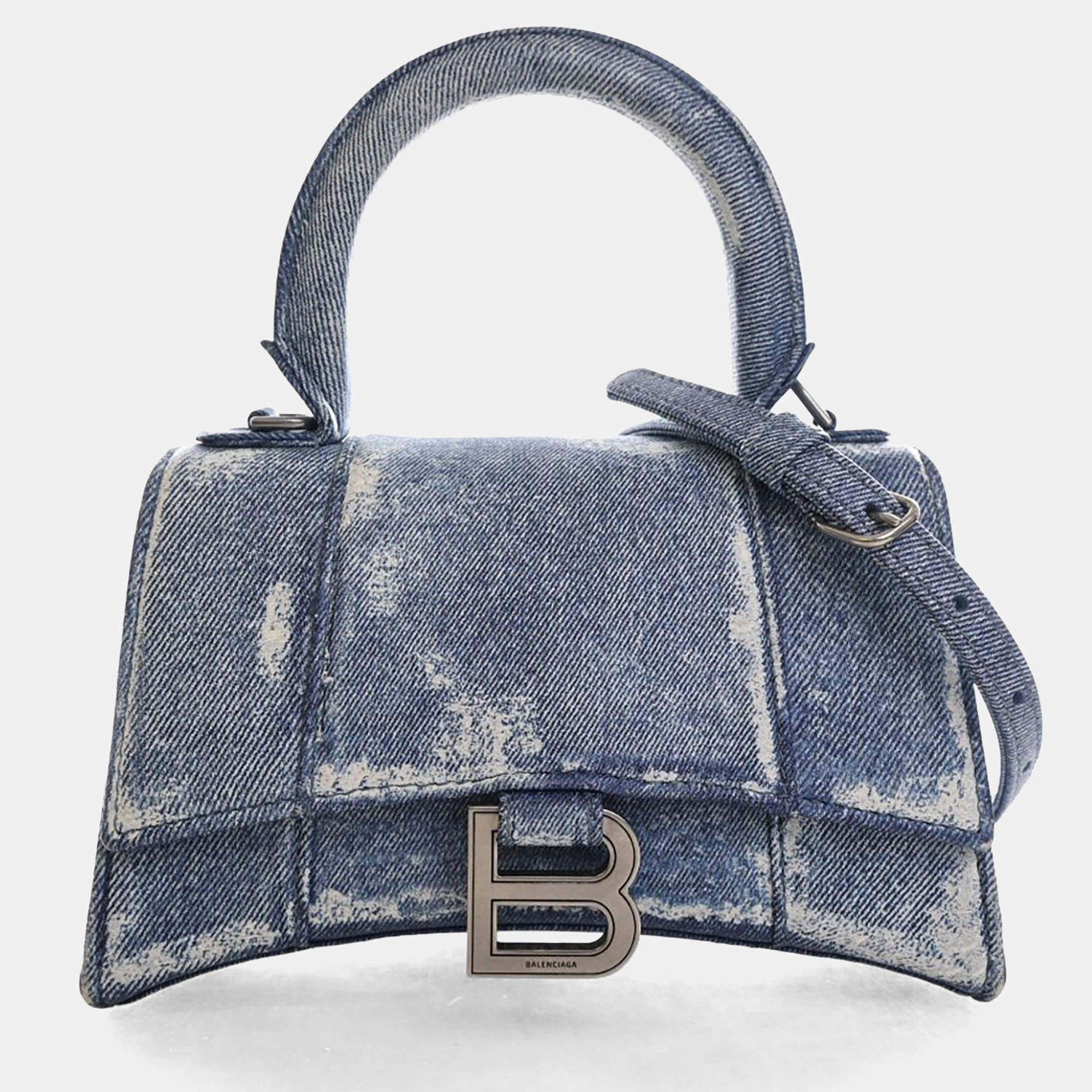 مملوكة مسبقًا Balenciaga Blue Denim Printed Calfskin Hourglass XS Top Handle Bag