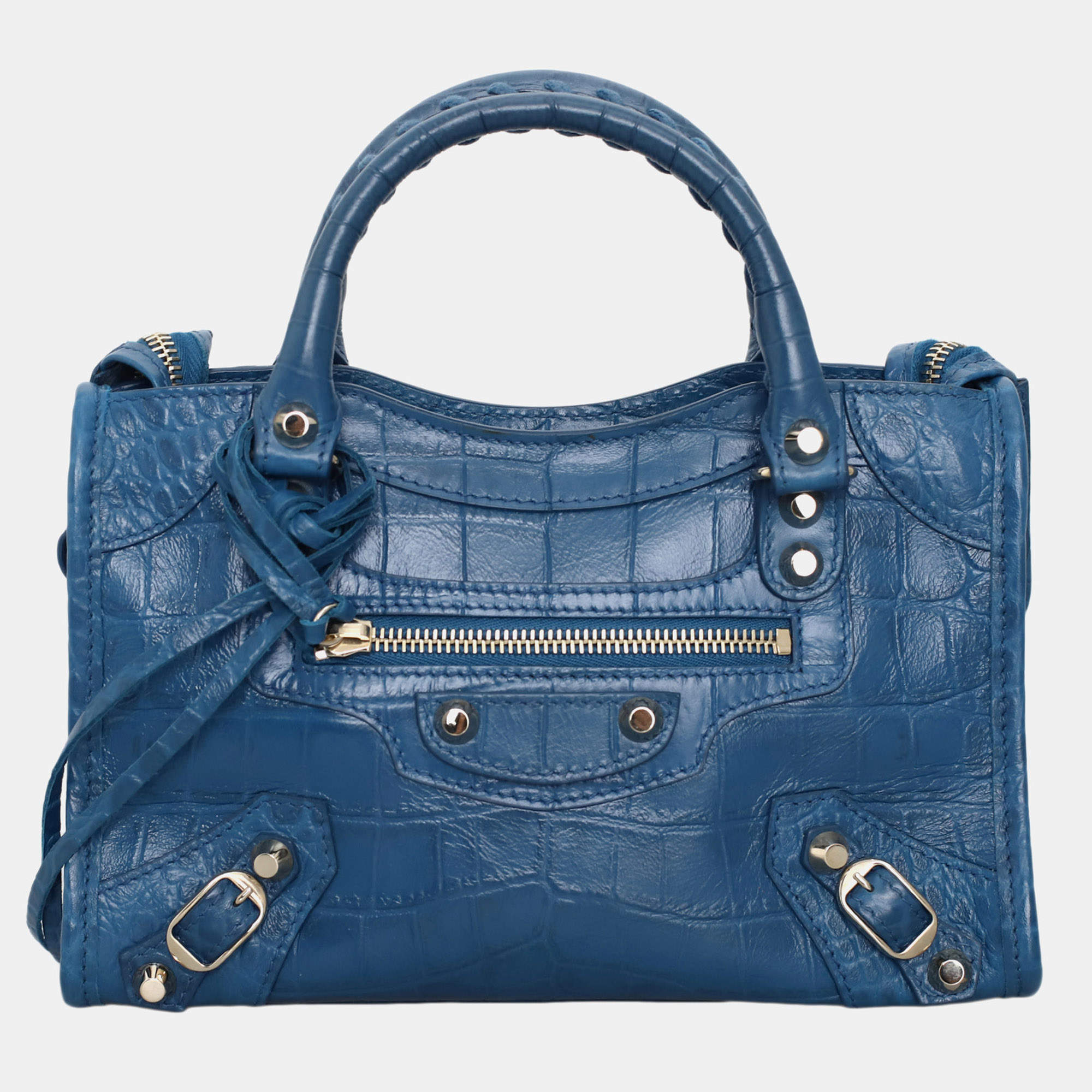 Pre Owned حقيبة سيتي بالنسياجا جلد منقوش بالأزرق كروكودايل معدني فضي كلاسيك