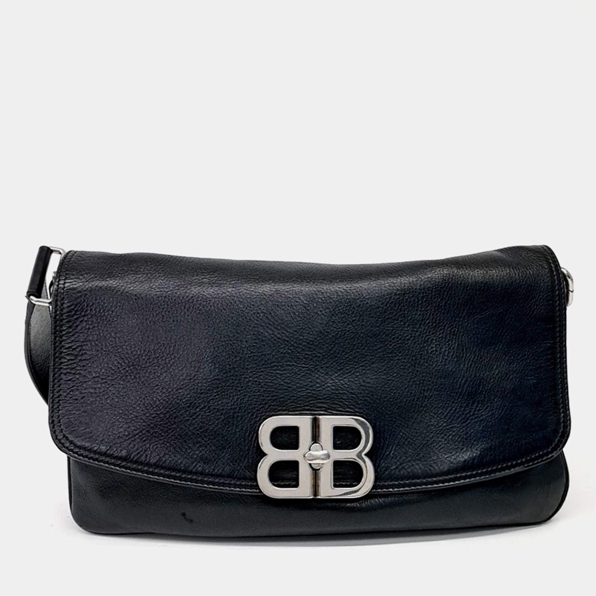 Pre Owned Balenciaga Black Leather BB Flap Shoulder Bag (748596)