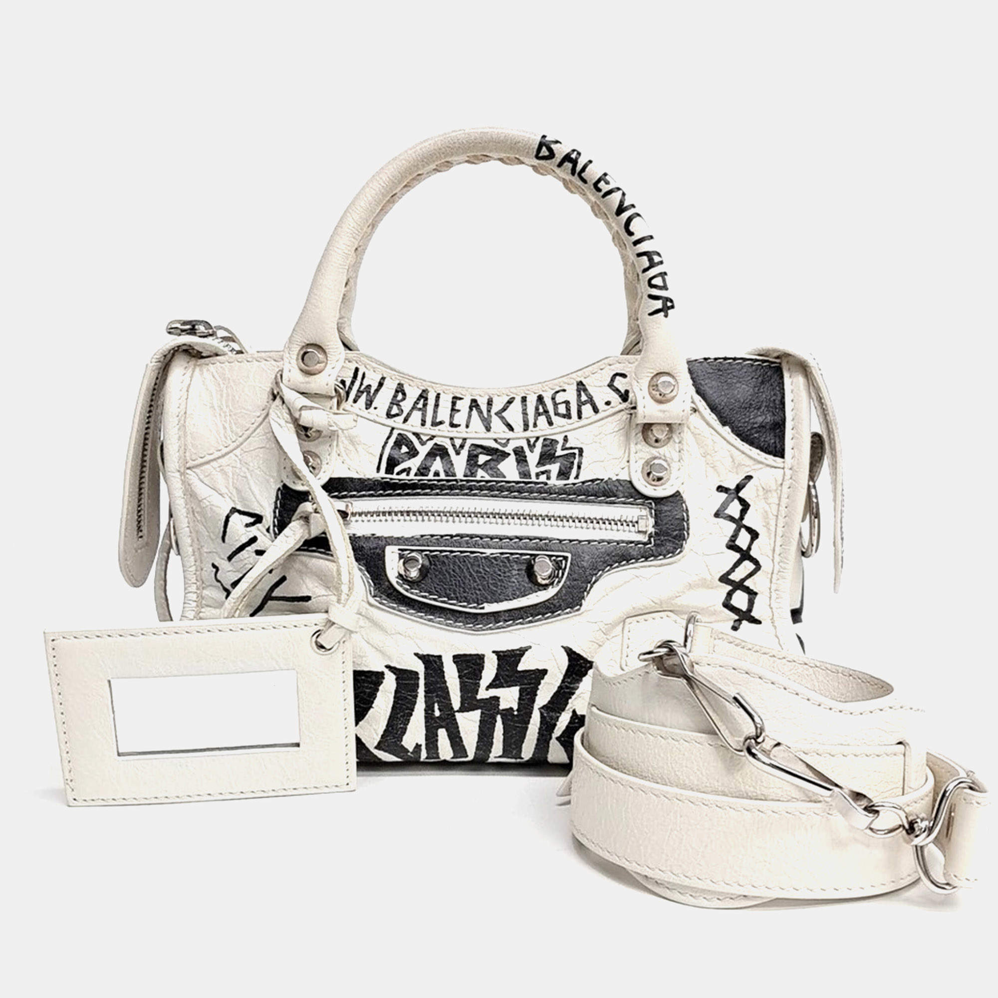 Pre Owned Balenciaga Motor Mini City Ivory/Multicolor Leather Bag (300295)