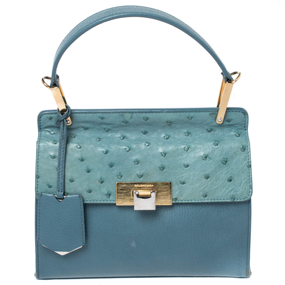 Balenciaga Blue Leather and Ostrich Le Dix Cartable Top Handle Bag