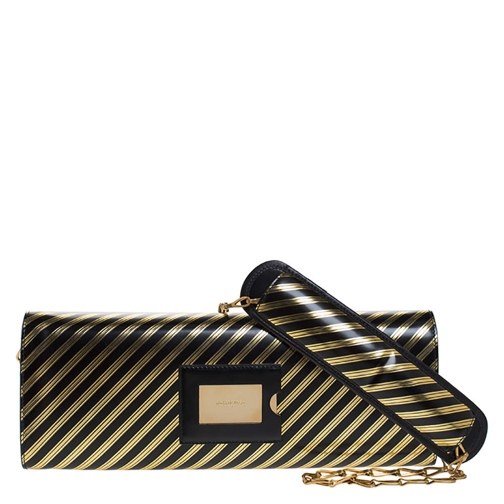 مملوكة مسبقًا Balenciaga Black/Gold Striped Leather Oversize Chain Clutch