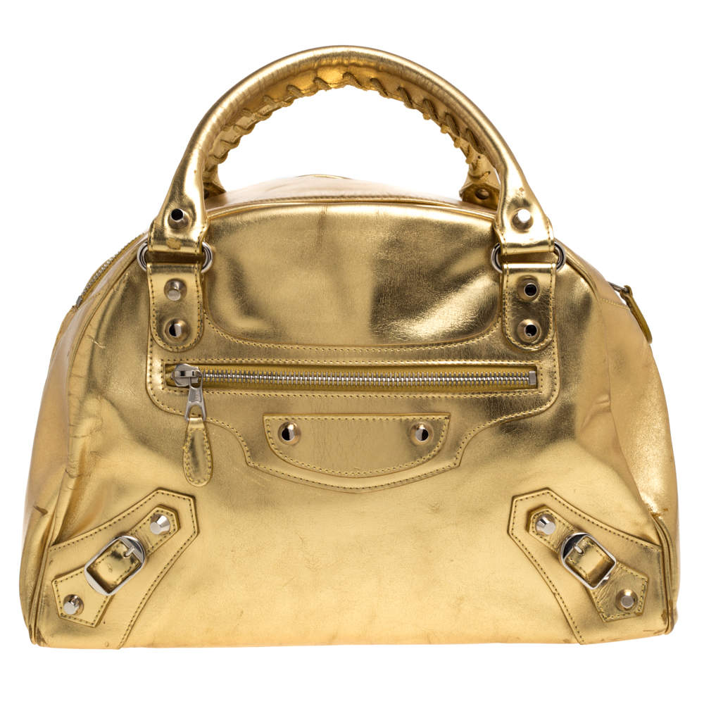 Balenciaga Gold Patent Leather Bowler PM Bag