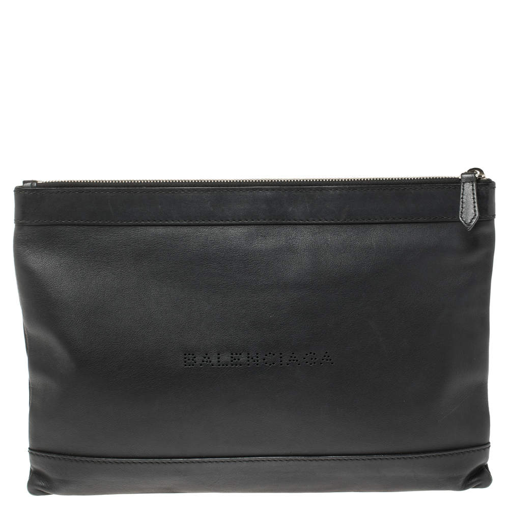 Balenciaga Black Leather Perforated Logo Pouch