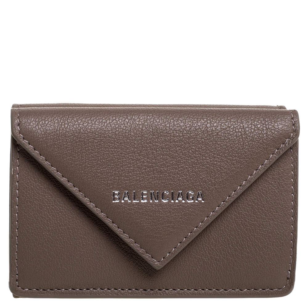 Pre Owned Balenciaga Dark Beige Leather Mini Papier Wallet