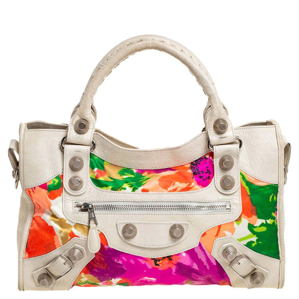 مملوكة مسبقًا Balenciaga Light Beige Floral Print Satin and Leather GSH City Bag