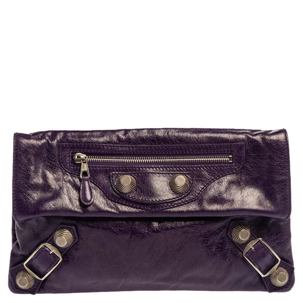 Pre Owned Balenciaga Purple Motocross Leather Giant 21 Envelope Clutch Bag