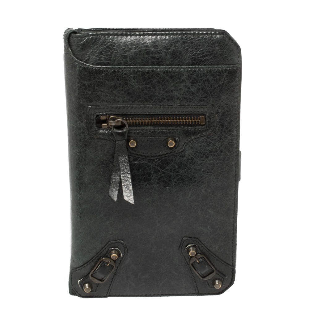 Pre Owned Balenciaga Dark Green Leather Motocross Classic Organizer Wallet