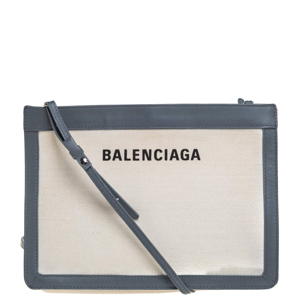 Pre Owned Balenciaga Beige/Grey Canvas and Leather Small Navy Pochette Crossbody Bag