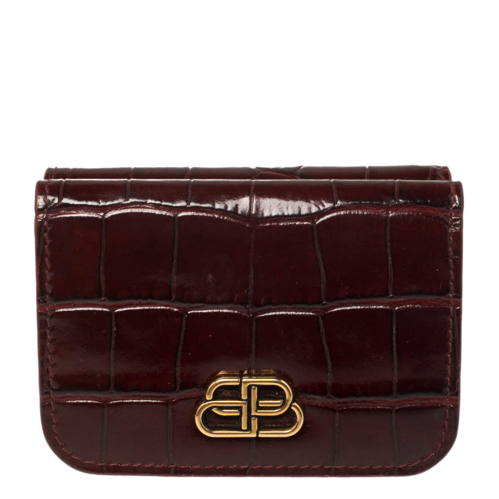 Pre Owned Balenciaga Burgundy Croc Embossed Leather Mini BB Wallet