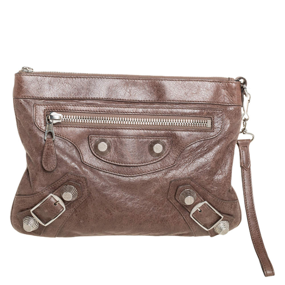 Pre Owned Balenciaga Sandstone Leather SGH Flat Wristlet Clutch