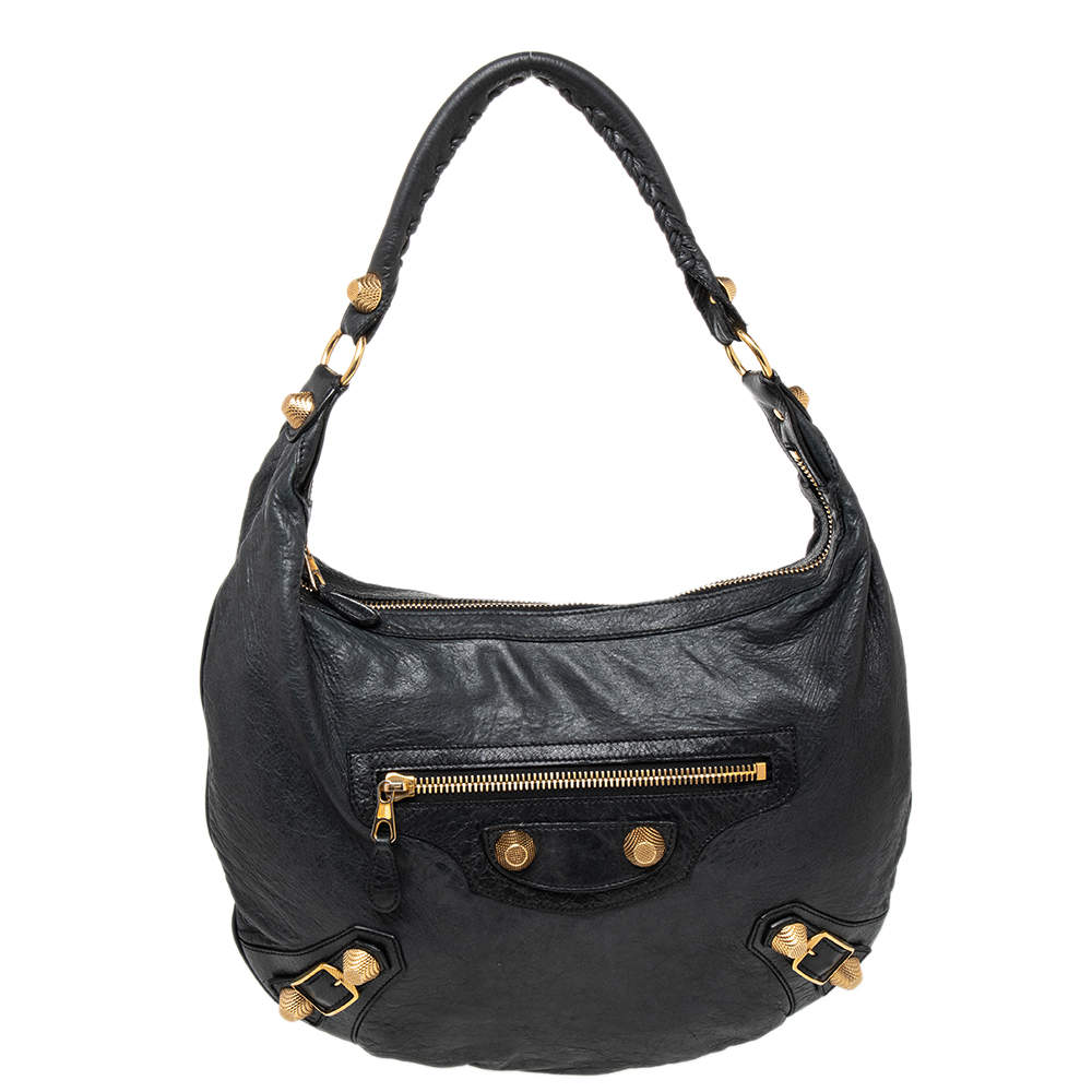 Pre Owned Balenciaga Black Leather Giant 21 Gold Hobo