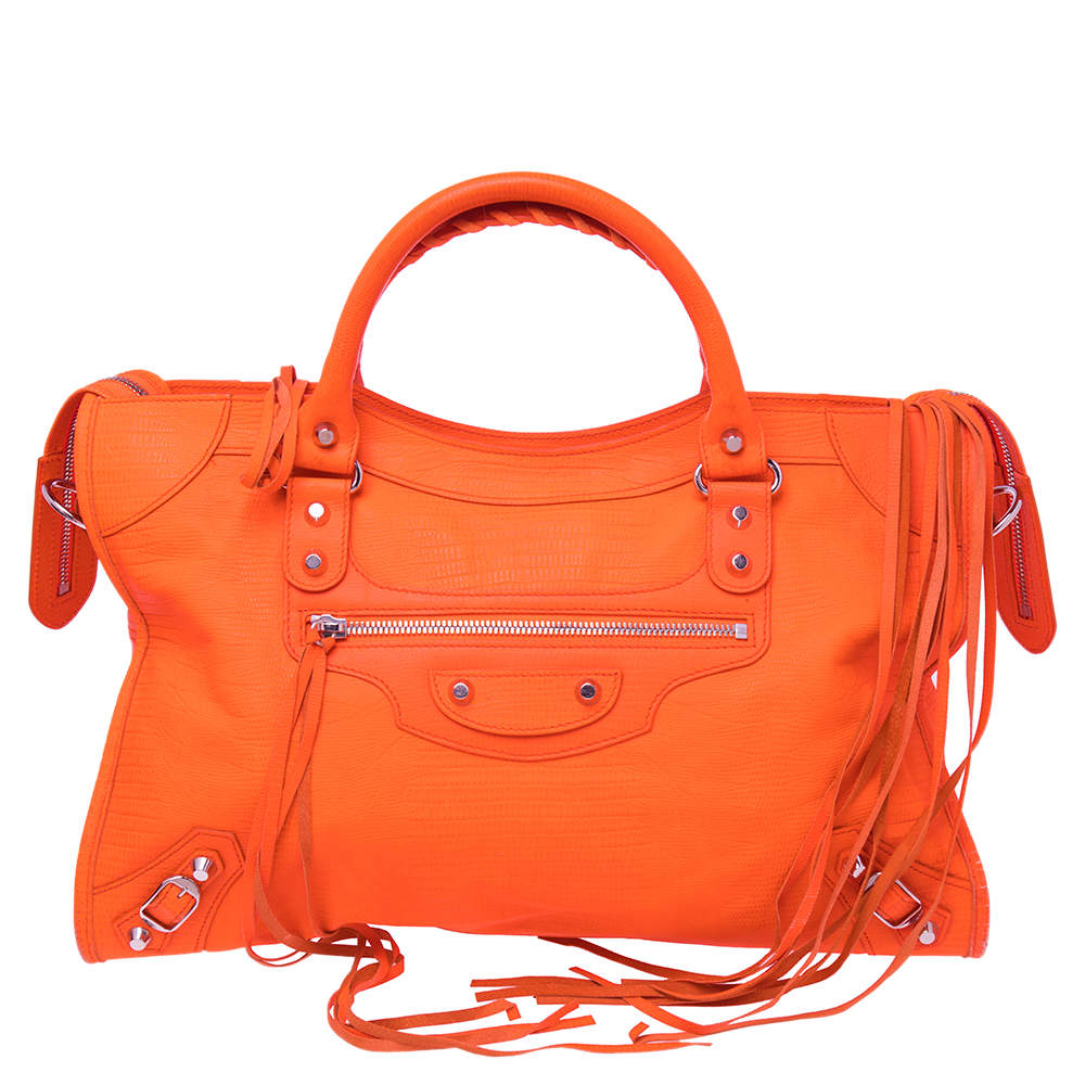 Pre Owned Balenciaga Orange Lizard Embossed Leather GGH Classic City Tote